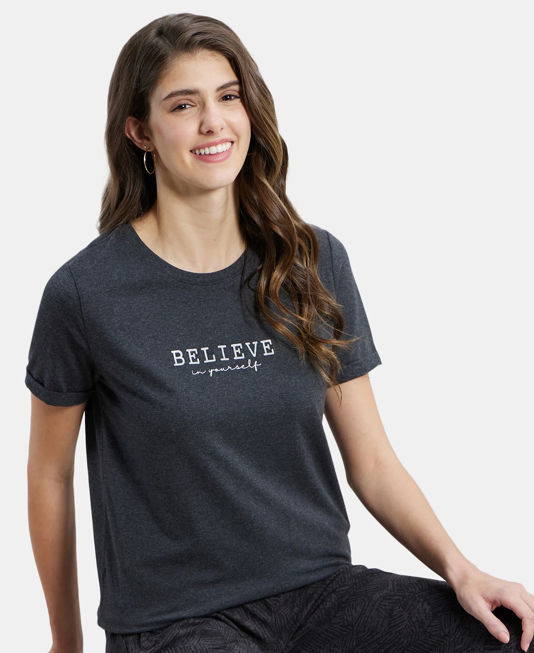 Super Combed Cotton Rich Elastane Stretch Relaxed Fit Graphic Printed Round Neck Half Sleeve T-Shirt - Black Melange - Image 5