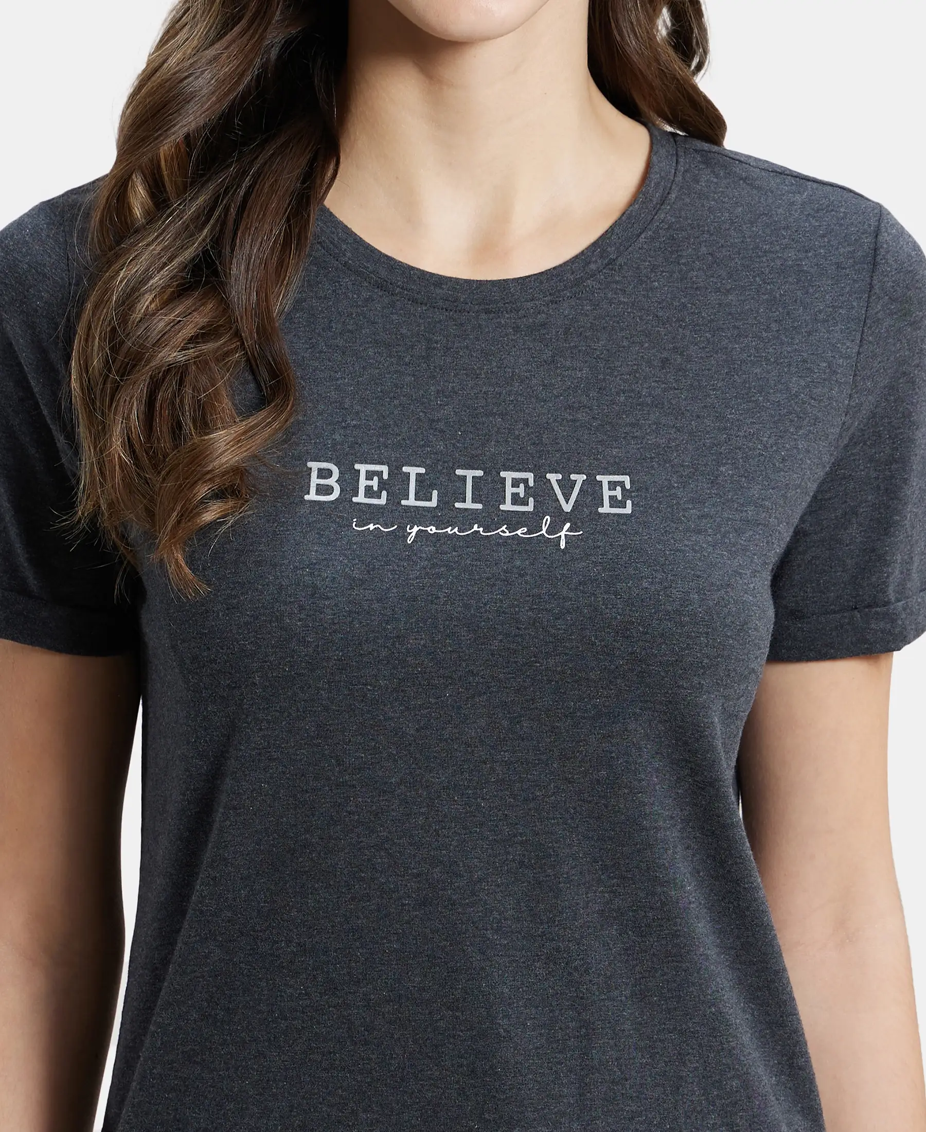 Super Combed Cotton Rich Elastane Stretch Relaxed Fit Graphic Printed Round Neck Half Sleeve T-Shirt - Black Melange - Image 6