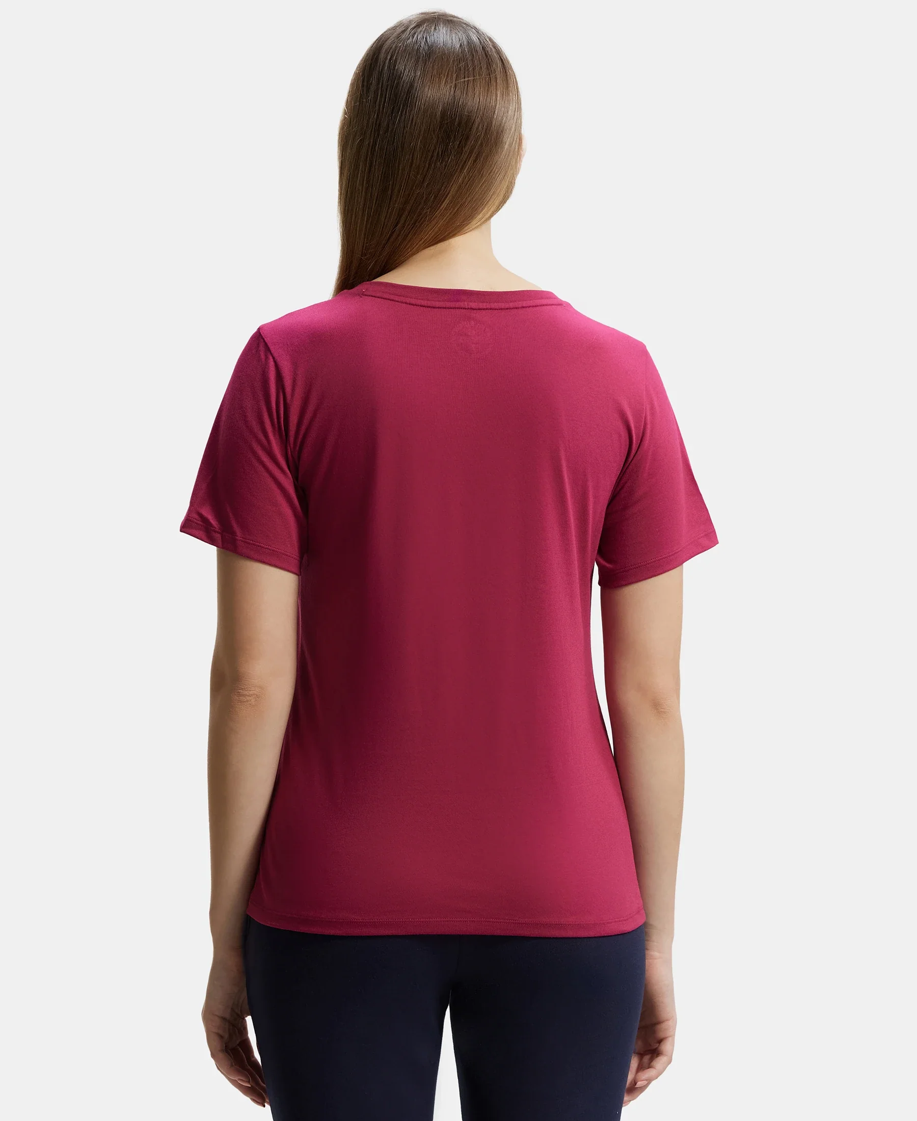 Super Combed Cotton Rich Fabric Relaxed Fit V-Neck Half Sleeve T-Shirt - Red Plum - Image 3