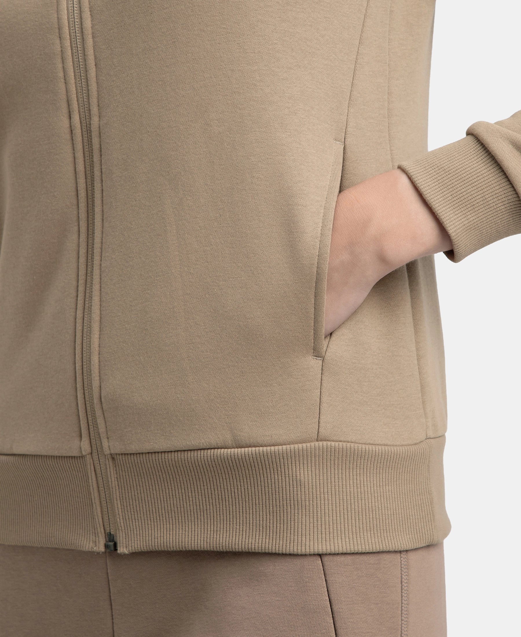 Super Combed Cotton Rich Fleece Fabric Full Zip High Neck Jacket with Front Pockets - Desert Taupe - Image 10
