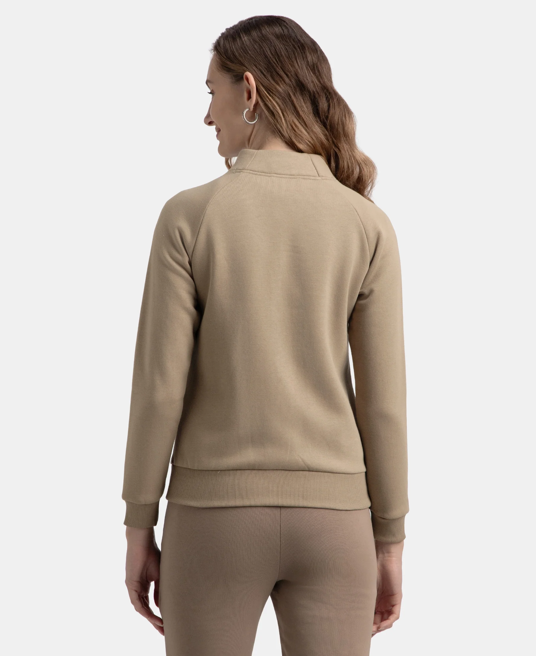 Super Combed Cotton Rich Fleece Fabric Full Zip High Neck Jacket with Front Pockets - Desert Taupe - Image 3