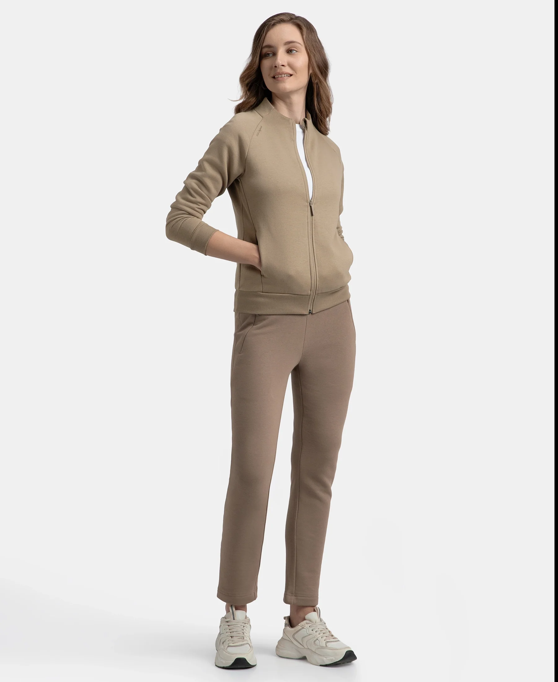 Super Combed Cotton Rich Fleece Fabric Full Zip High Neck Jacket with Front Pockets - Desert Taupe - Image 4