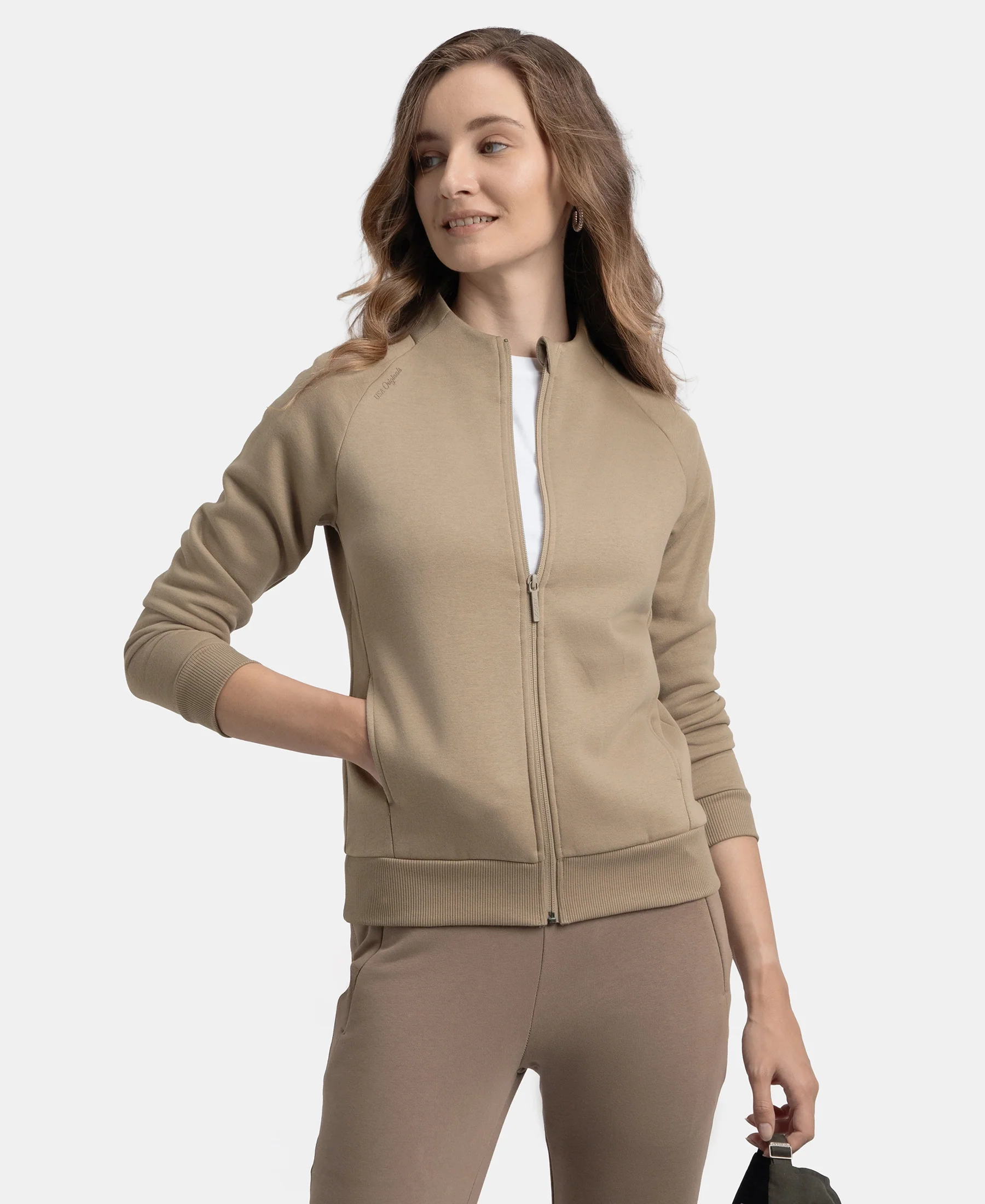 Super Combed Cotton Rich Fleece Fabric Full Zip High Neck Jacket with Front Pockets - Desert Taupe - Image 5