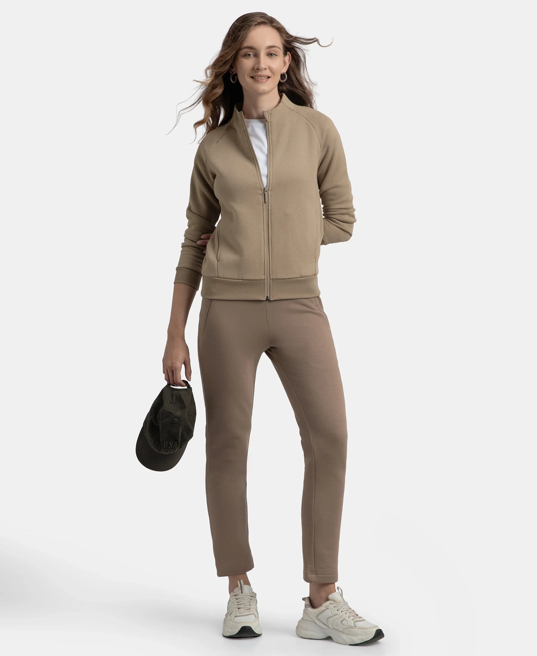 Super Combed Cotton Rich Fleece Fabric Full Zip High Neck Jacket with Front Pockets - Desert Taupe - Image 6