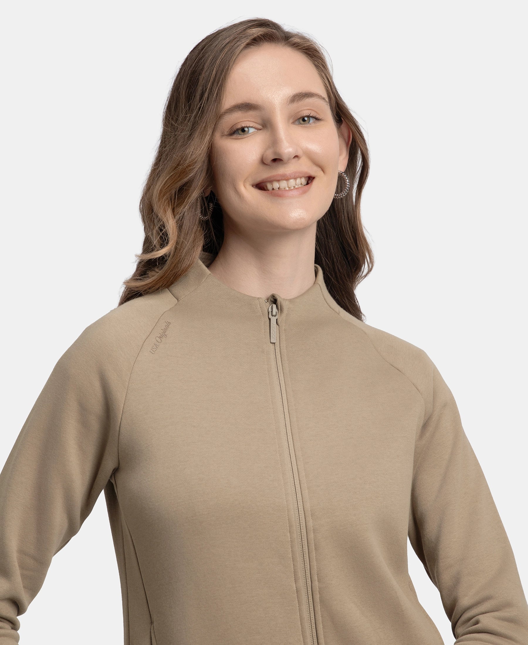 Super Combed Cotton Rich Fleece Fabric Full Zip High Neck Jacket with Front Pockets - Desert Taupe - Image 7