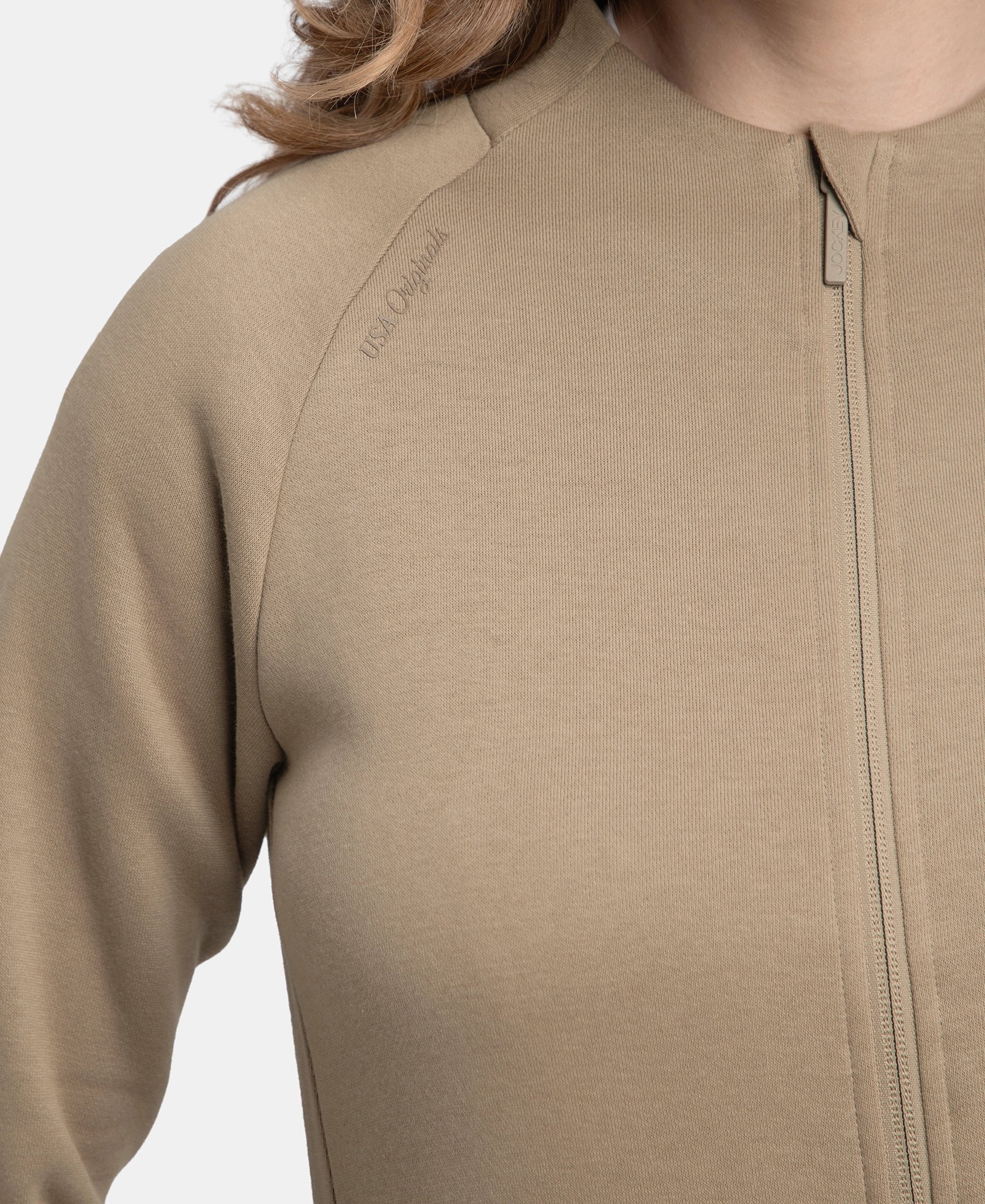Super Combed Cotton Rich Fleece Fabric Full Zip High Neck Jacket with Front Pockets - Desert Taupe - Image 9