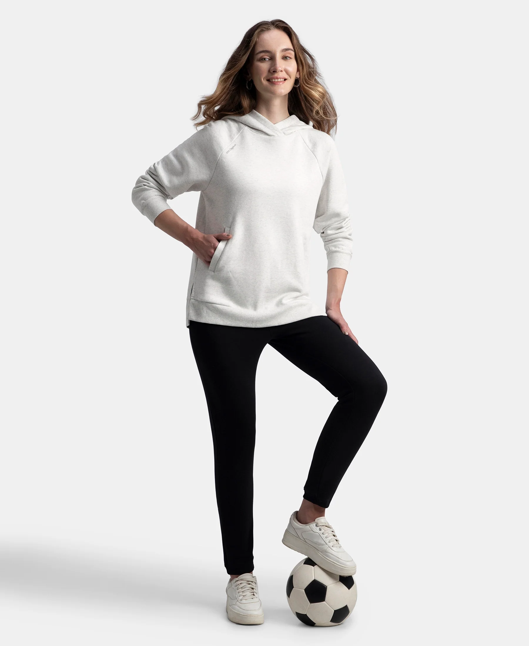 Super Combed Cotton Rich Fleece Fabric Raglan Sleeve Hoodie Sweatshirt - Off White Melange - Image 6