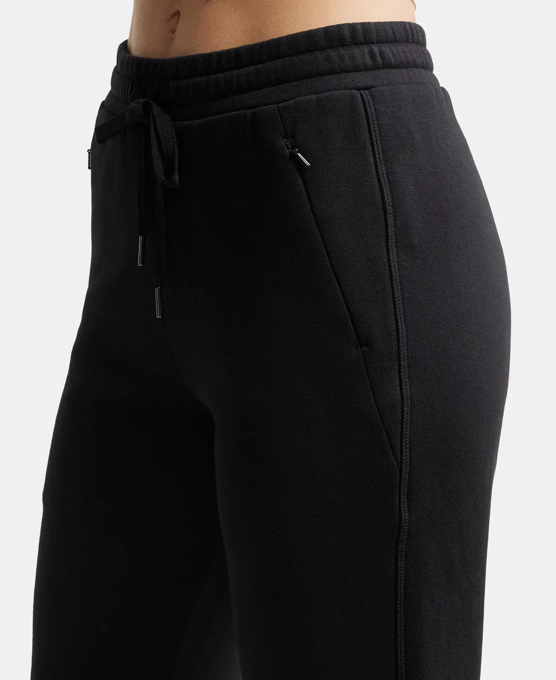 Super Combed Cotton Rich Fleece Fabric Straight Fit Trackpants with Zipper Pockets - Black - Image 6