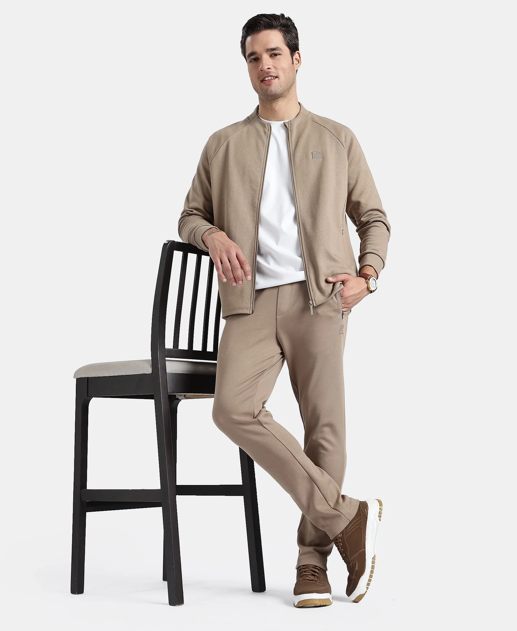 Super Combed Cotton Rich Pique Fabric Jacket with Ribbed Cuffs - Desert Taupe - Image 6