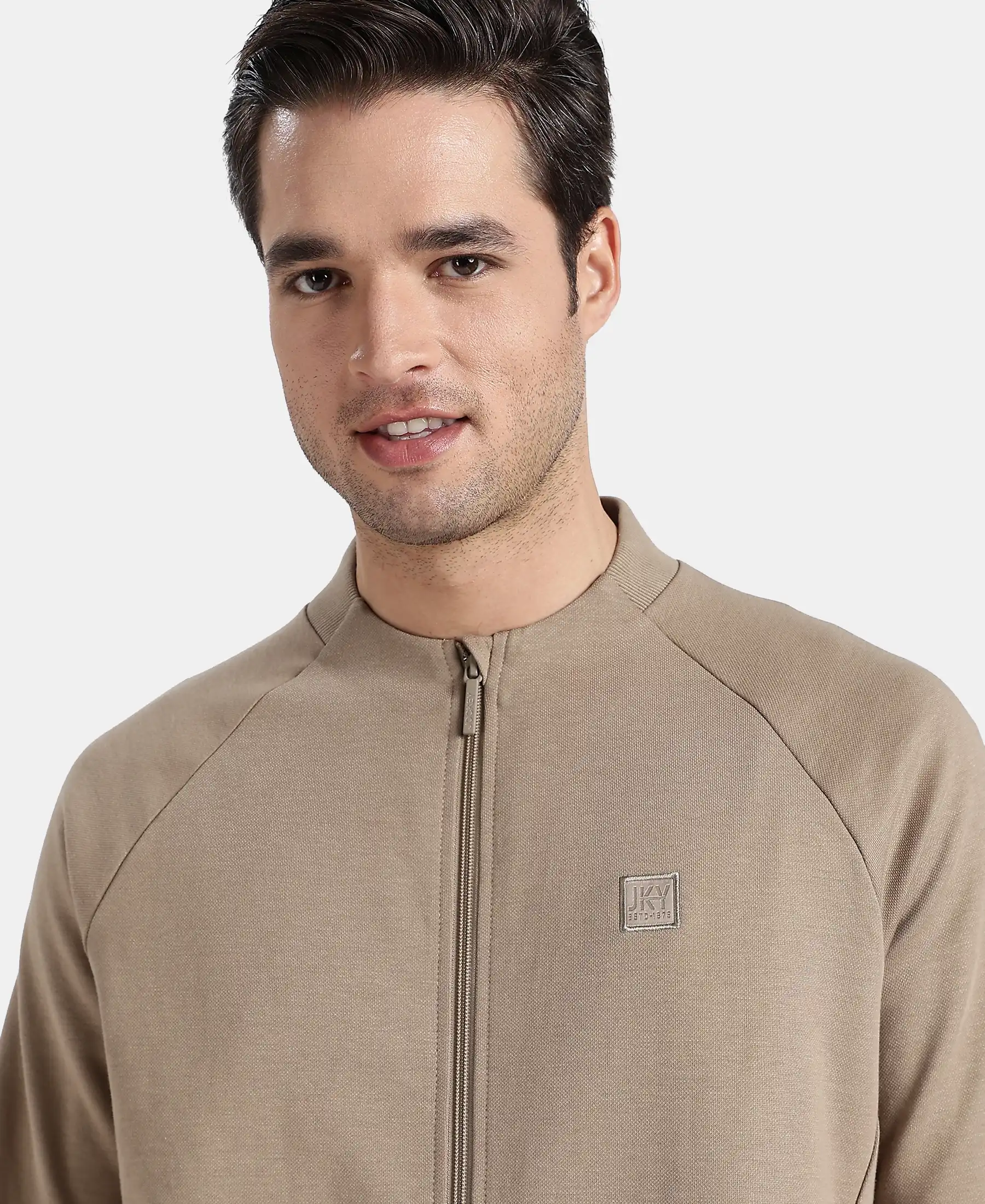 Super Combed Cotton Rich Pique Fabric Jacket with Ribbed Cuffs - Desert Taupe - Image 7