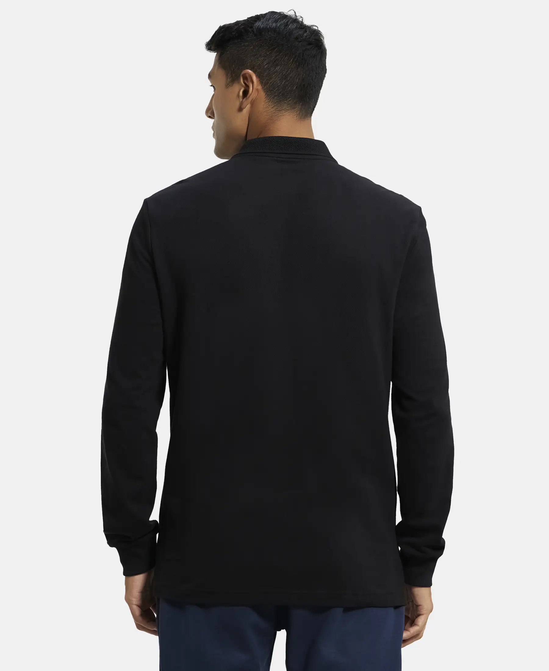 Super Combed Cotton Rich Pique Fabric Solid Full Sleeve Polo T-Shirt with Ribbed Cuffs - Black - Image 3