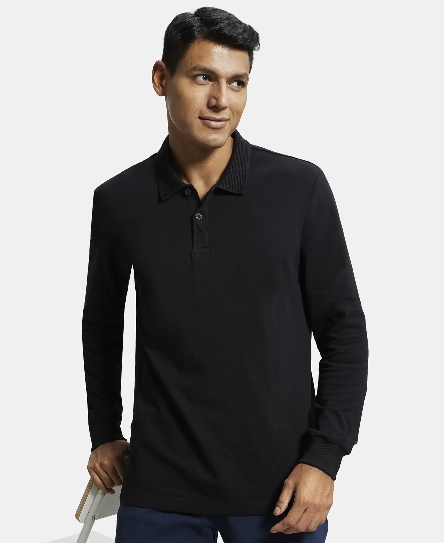 Super Combed Cotton Rich Pique Fabric Solid Full Sleeve Polo T-Shirt with Ribbed Cuffs - Black - Image 5