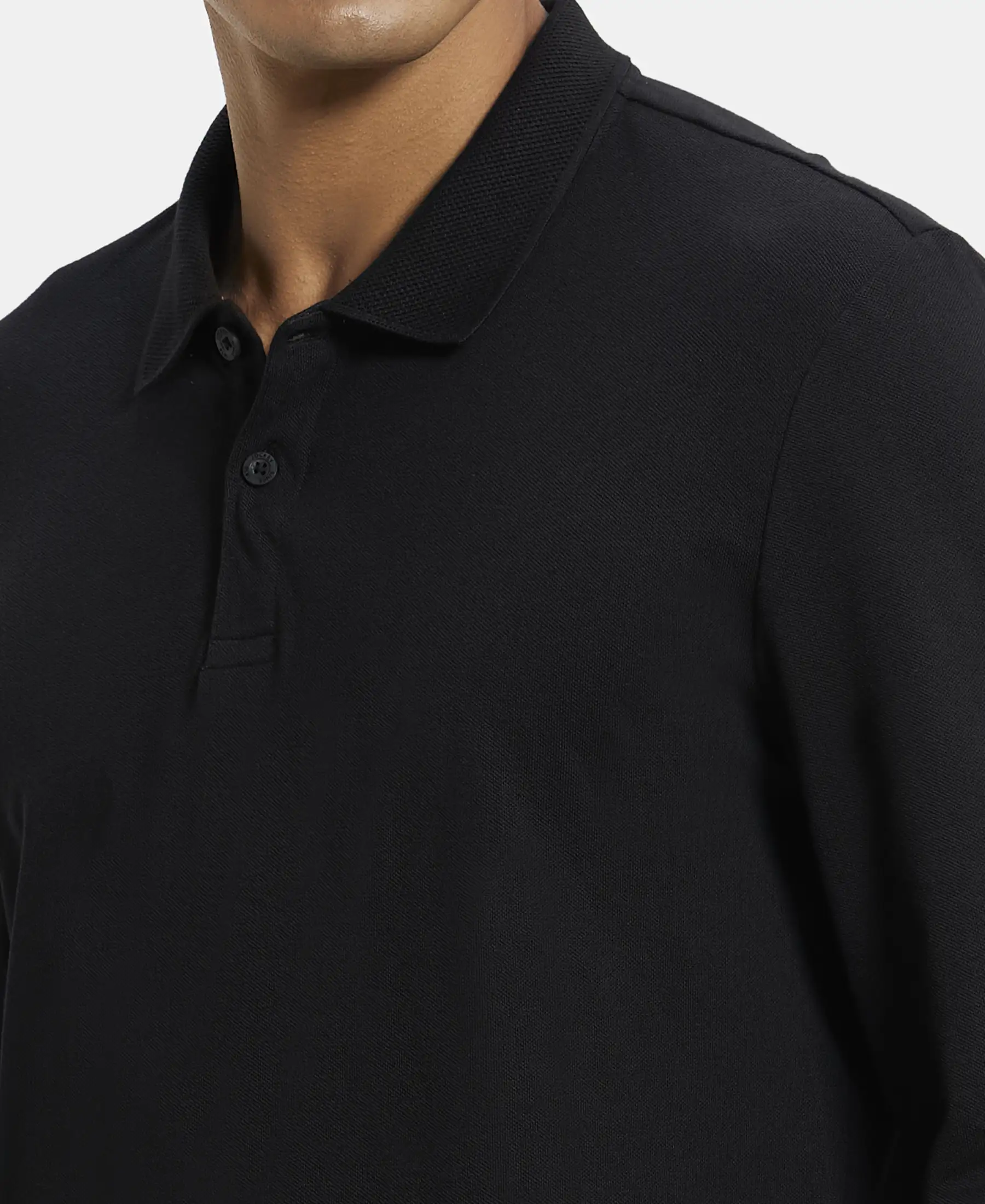 Super Combed Cotton Rich Pique Fabric Solid Full Sleeve Polo T-Shirt with Ribbed Cuffs - Black - Image 6
