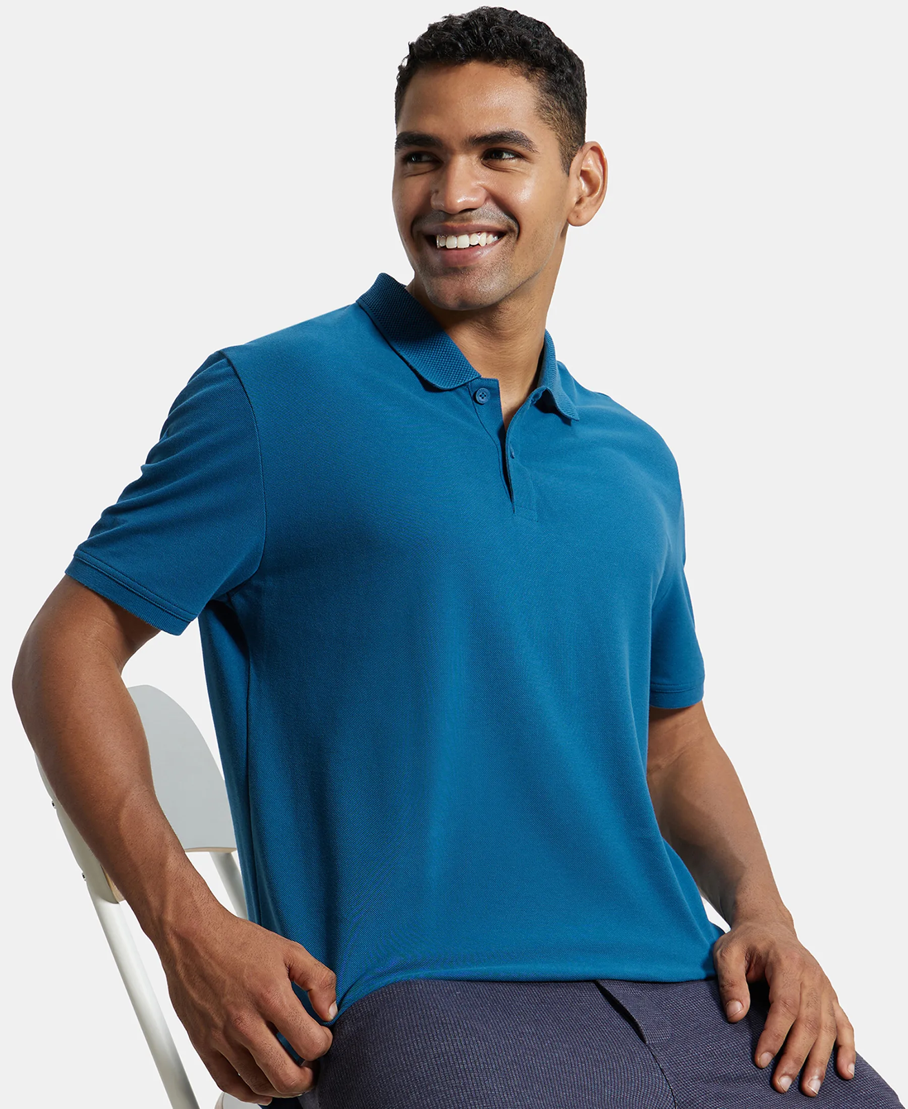 Super Combed Cotton Rich Pique Fabric Solid Half Sleeve Polo T-Shirt - Seaport Teal - Image 5