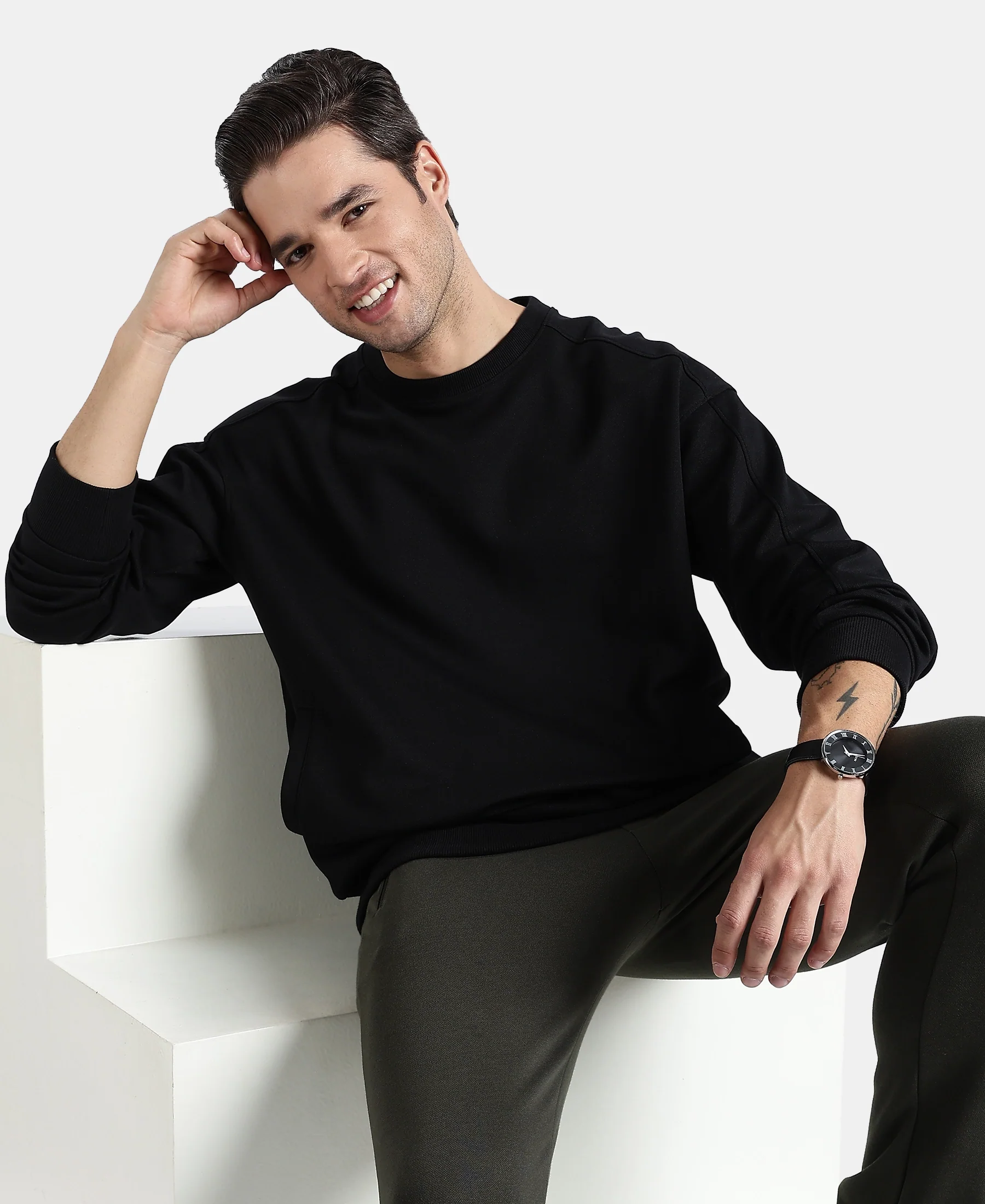 Super Combed Cotton Rich Pique Sweatshirt With Ribbed Cuffs - Black - Image 5