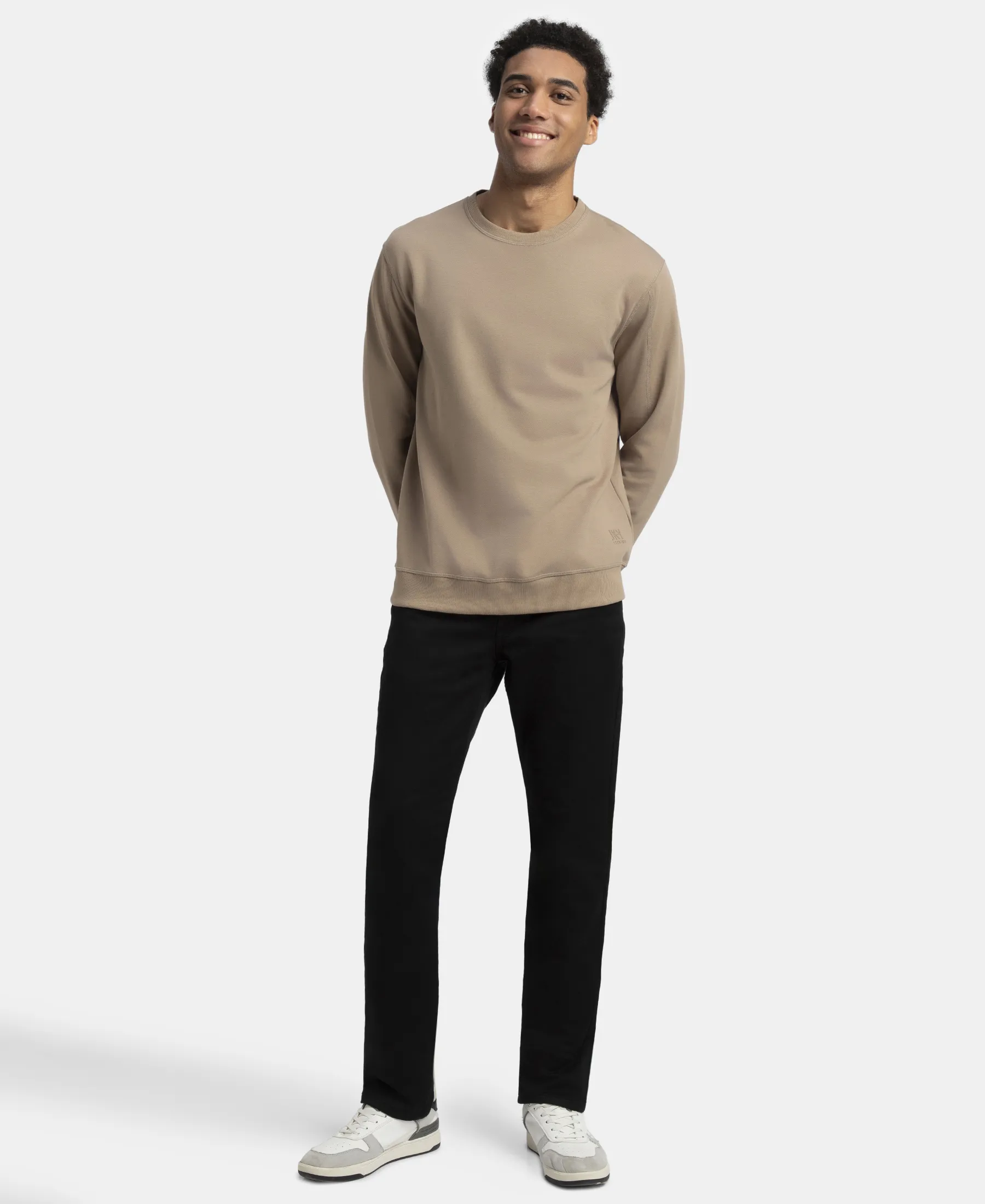 Super Combed Cotton Rich Pique Sweatshirt with Ribbed Cuffs - Desert Taupe - Image 4