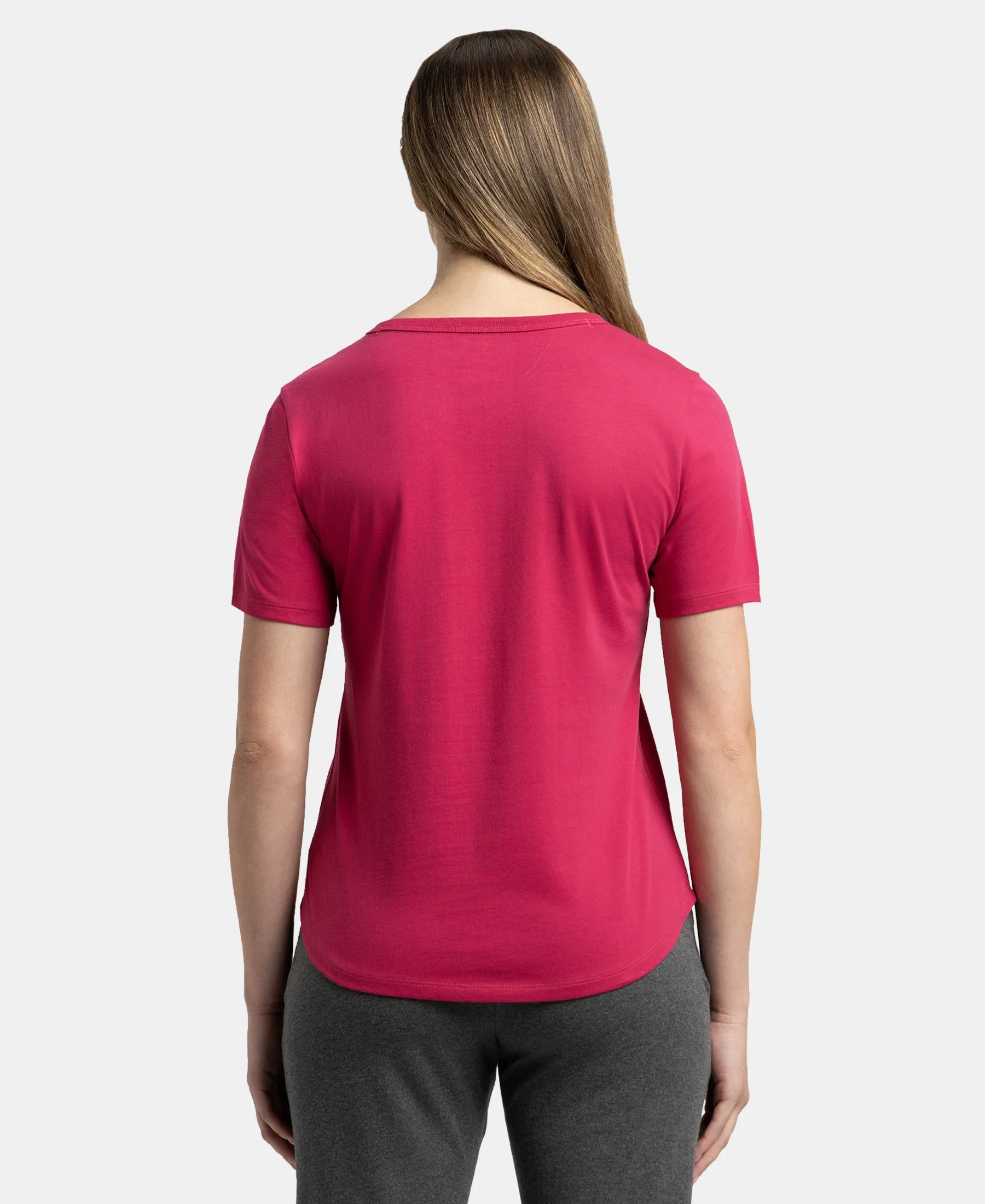 Super Combed Cotton Rich Relaxed Fit Solid Curved Hem Styled Half Sleeve T-Shirt - Red Plum - Image 3