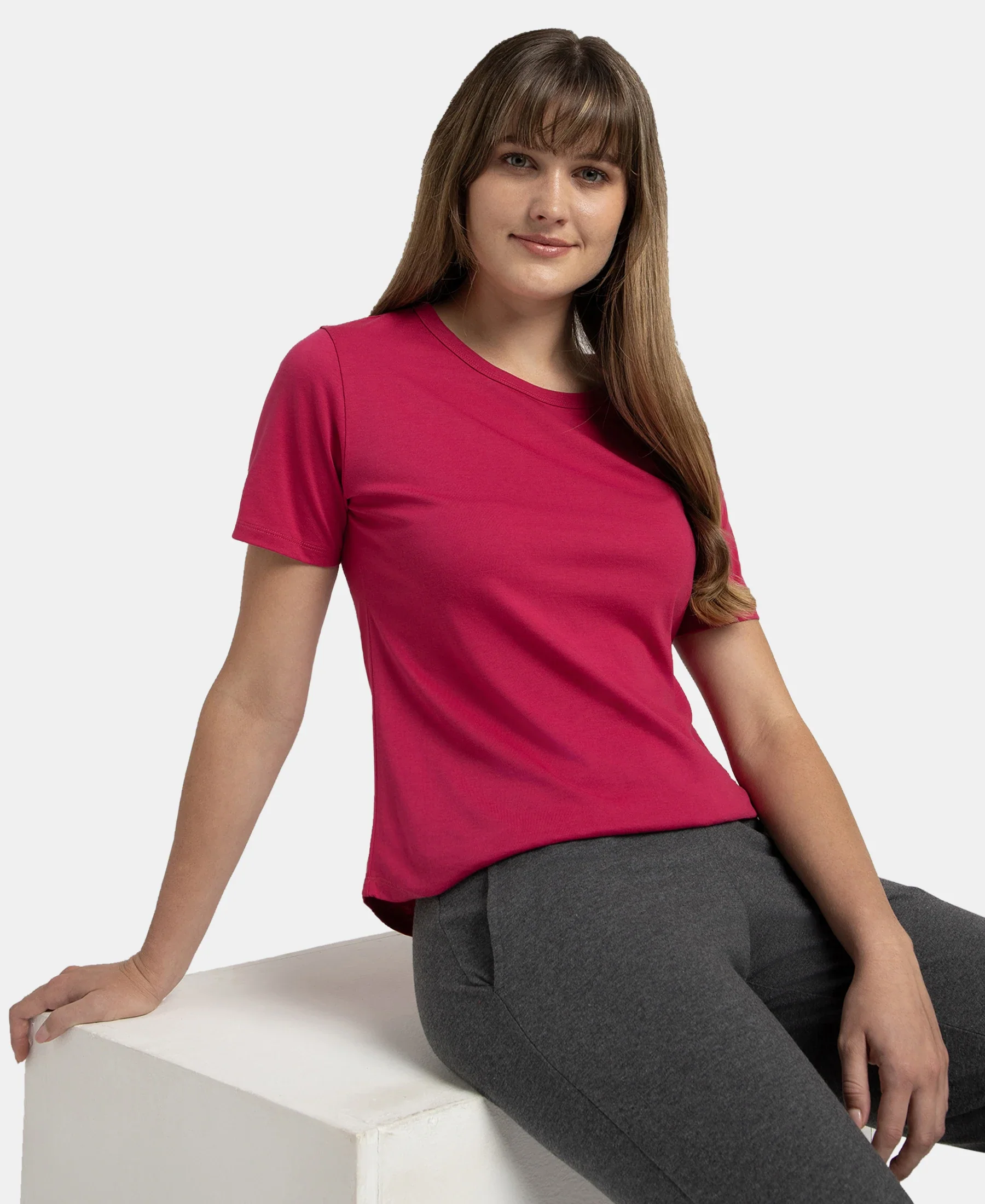 Super Combed Cotton Rich Relaxed Fit Solid Curved Hem Styled Half Sleeve T-Shirt - Red Plum - Image 5