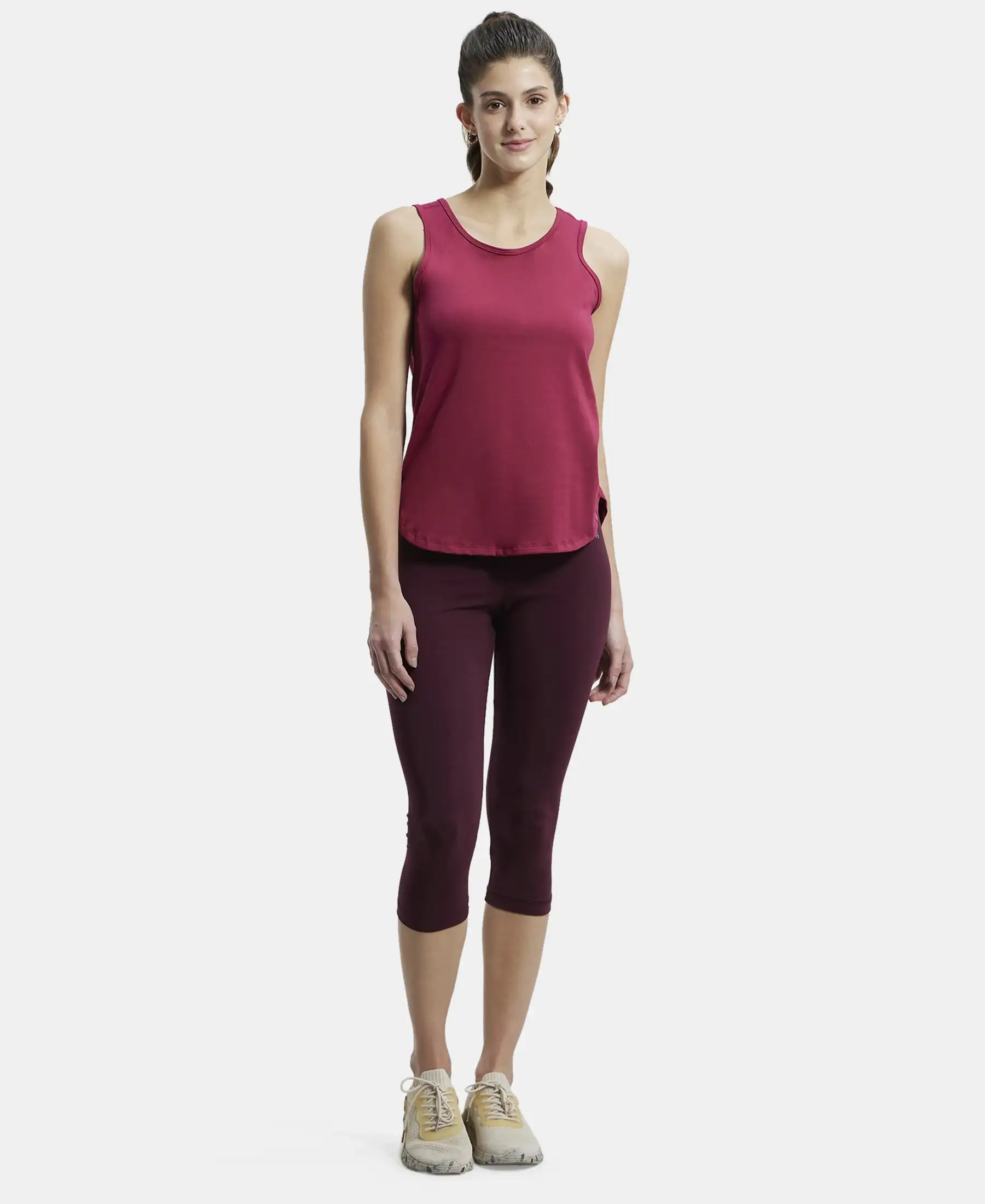Super Combed Cotton Rich Solid Curved Hem Styled Tank Top - Red Plum - Image 4