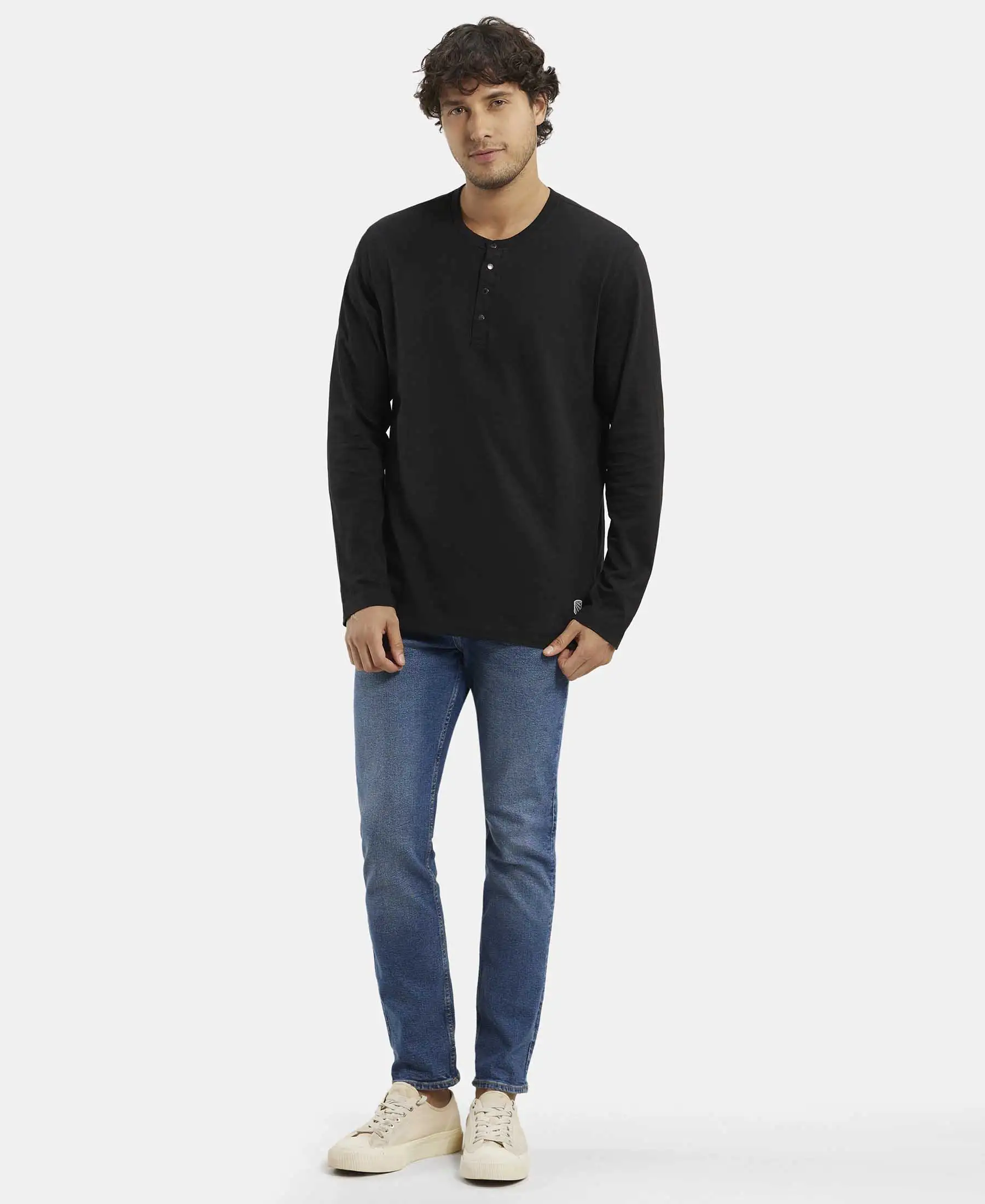 Super Combed Cotton Rich Solid Full Sleeve Henley T-Shirt - Black - Image 4