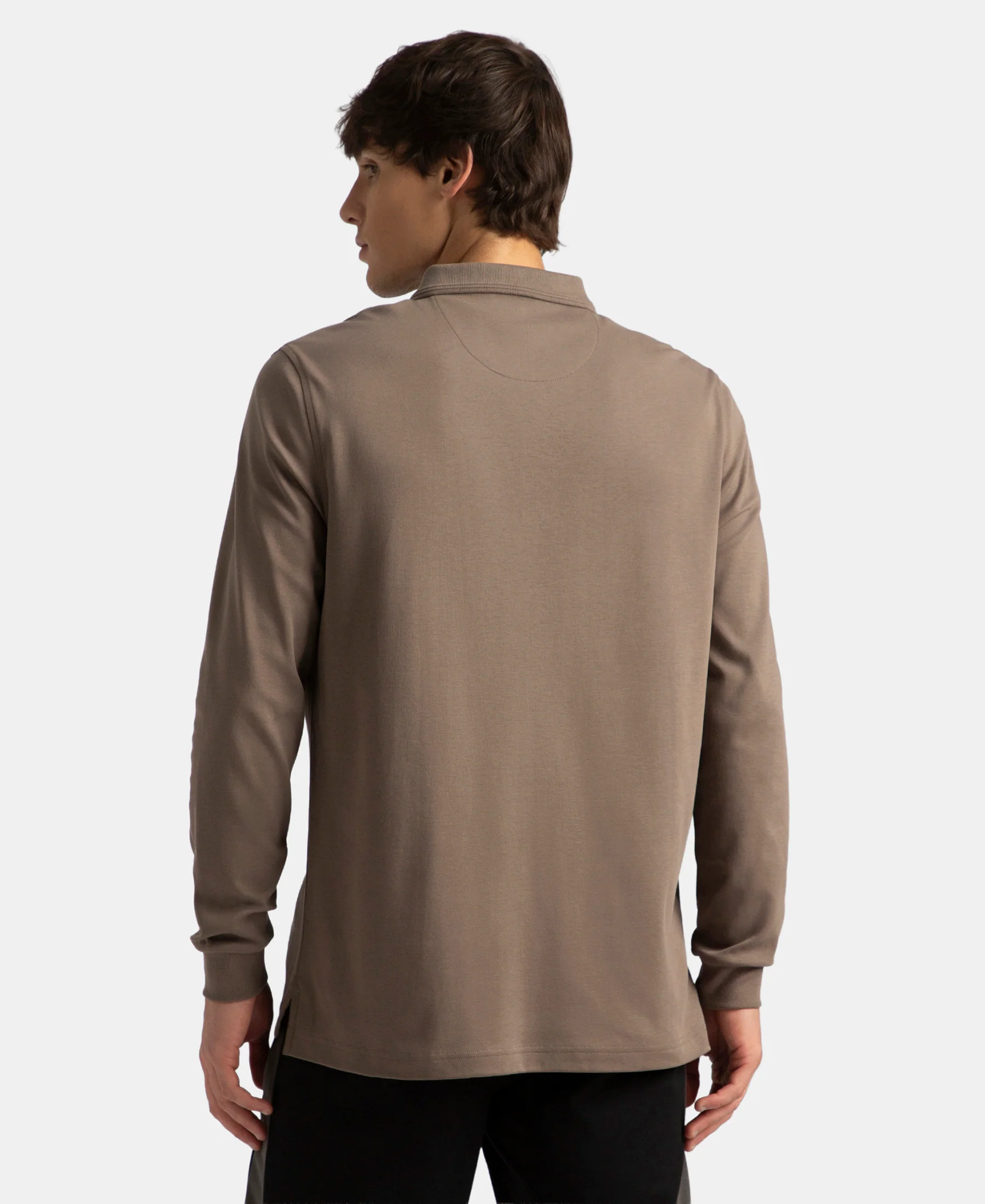 Super Combed Cotton Rich Solid Full Sleeve Polo T-Shirt with Ribbed Cuffs - Dark Khaki - Image 3