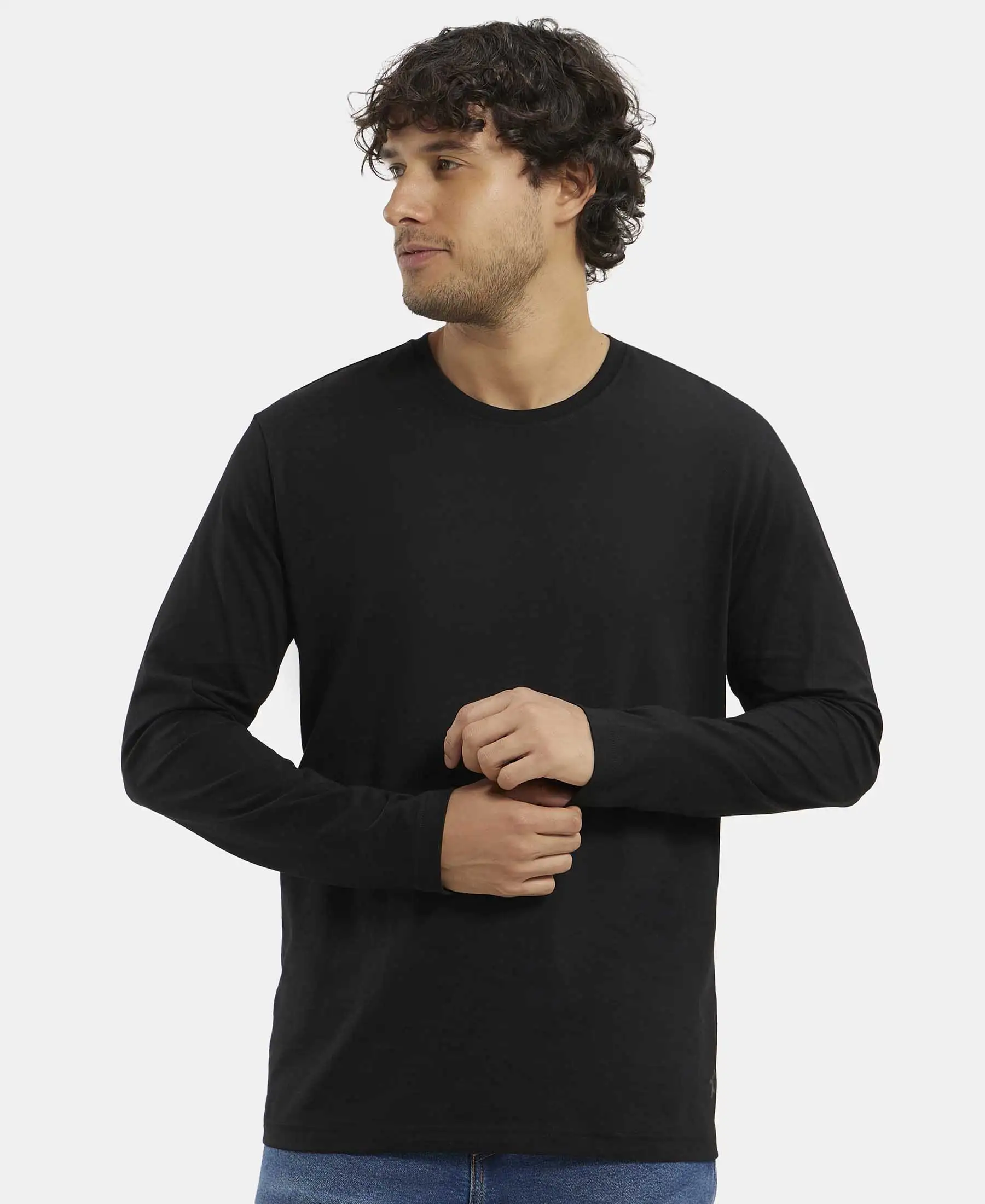 Super Combed Cotton Rich Solid Round Neck Full Sleeve T-Shirt - Black - Image 5