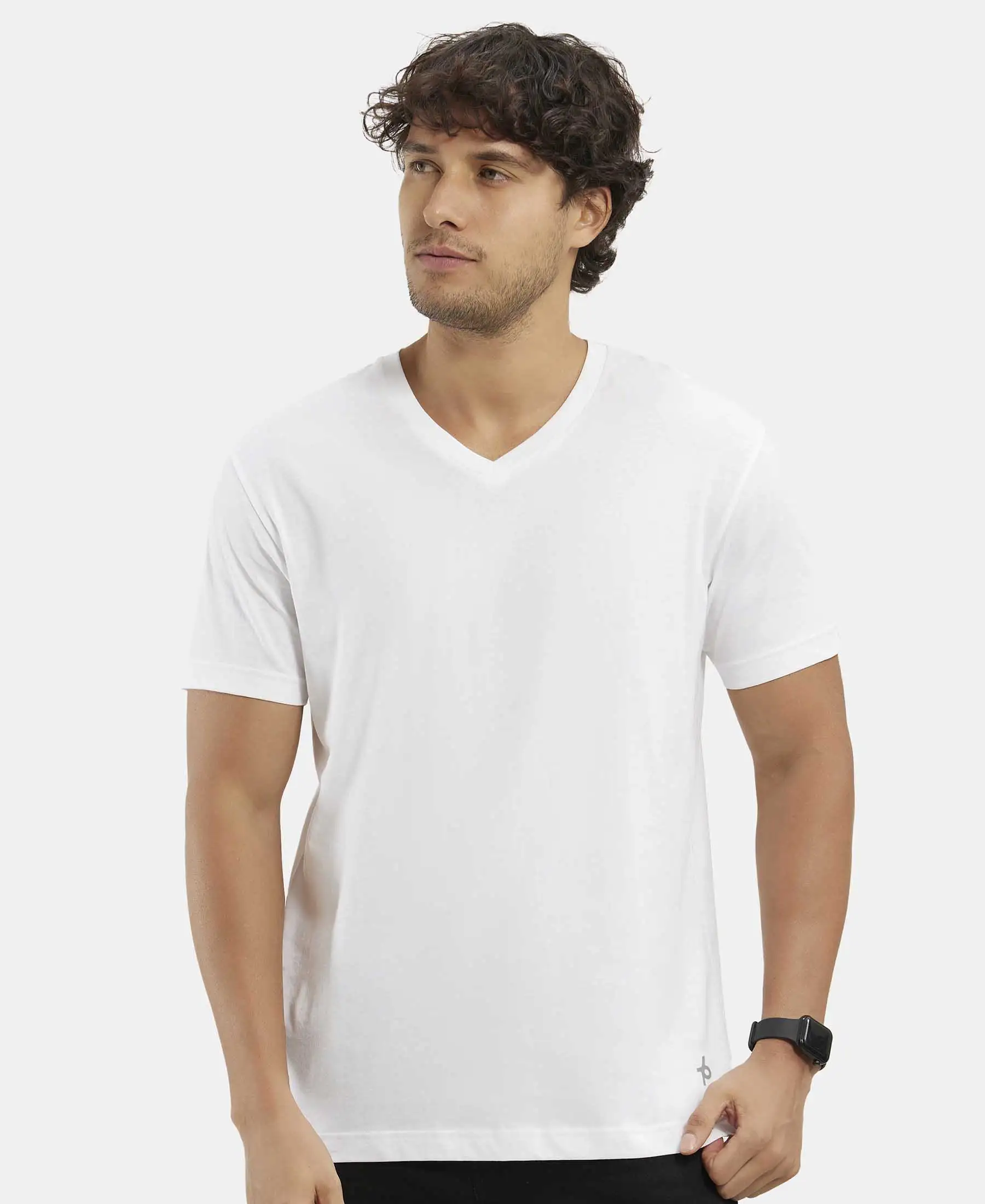 Super Combed Cotton Rich Solid V Neck Half Sleeve T-Shirt  - White - Image 5