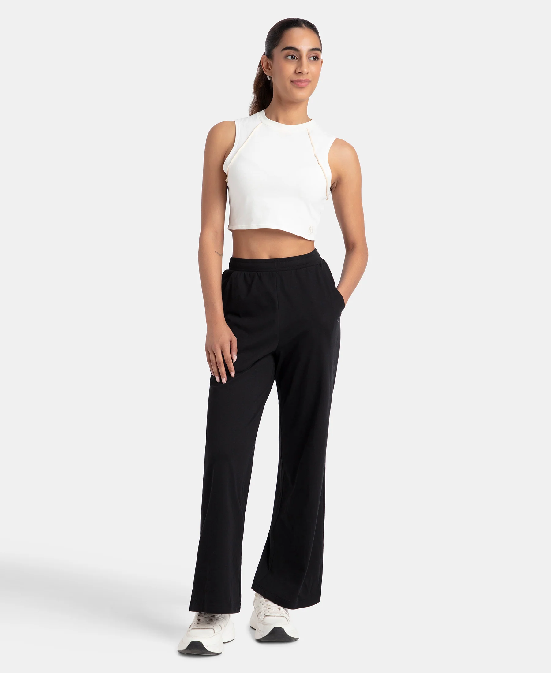 Super Combed Cotton Rich Straight Fit Wide Leg Pants - Black - Image 4