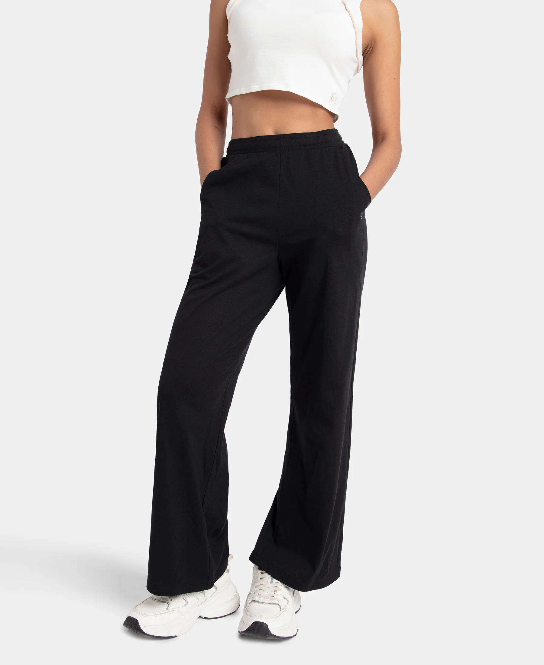 Super Combed Cotton Rich Straight Fit Wide Leg Pants - Black - Image 5