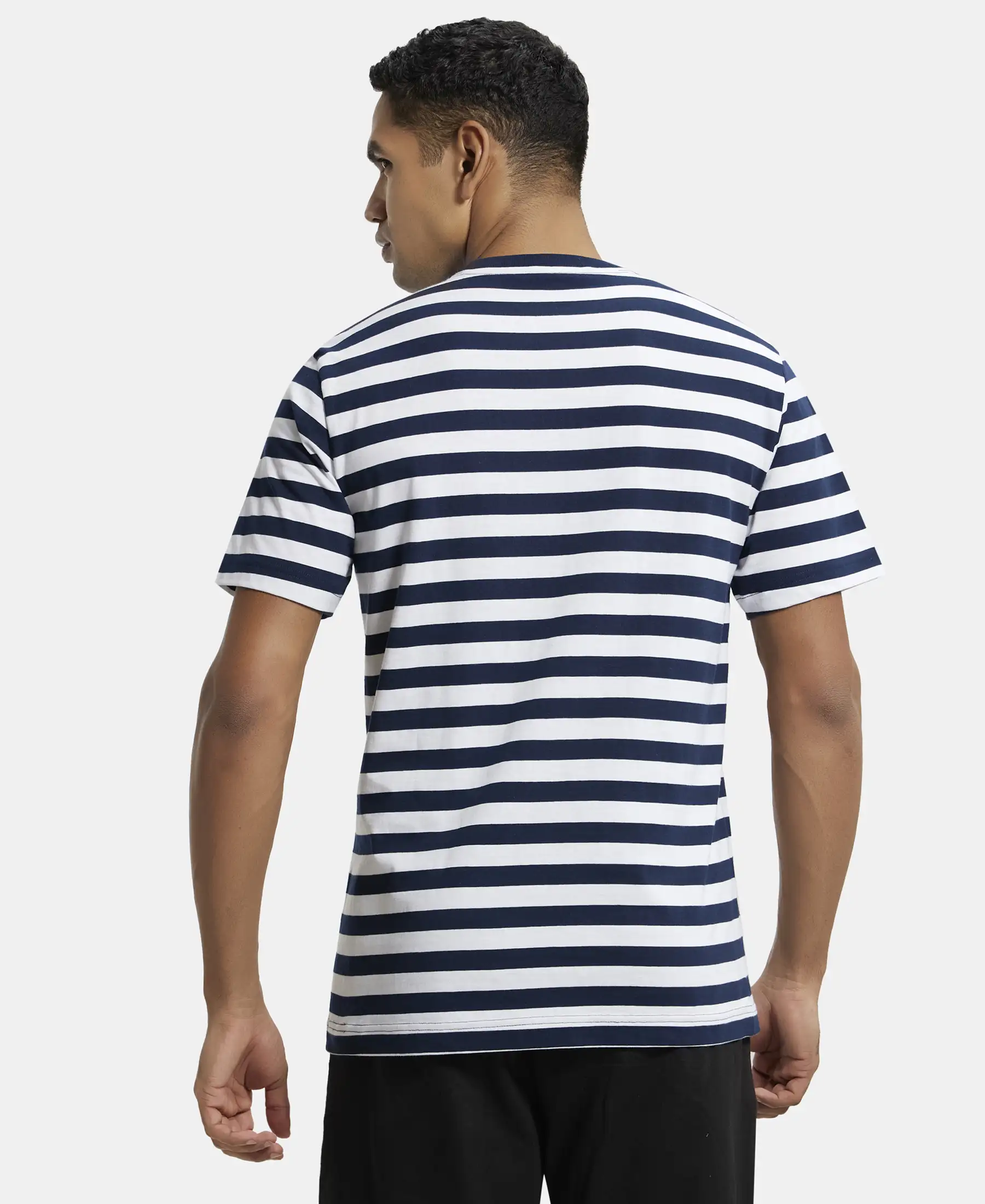 Super Combed Cotton Rich Striped Round Neck Half Sleeve T-Shirt - White & Navy - Image 3