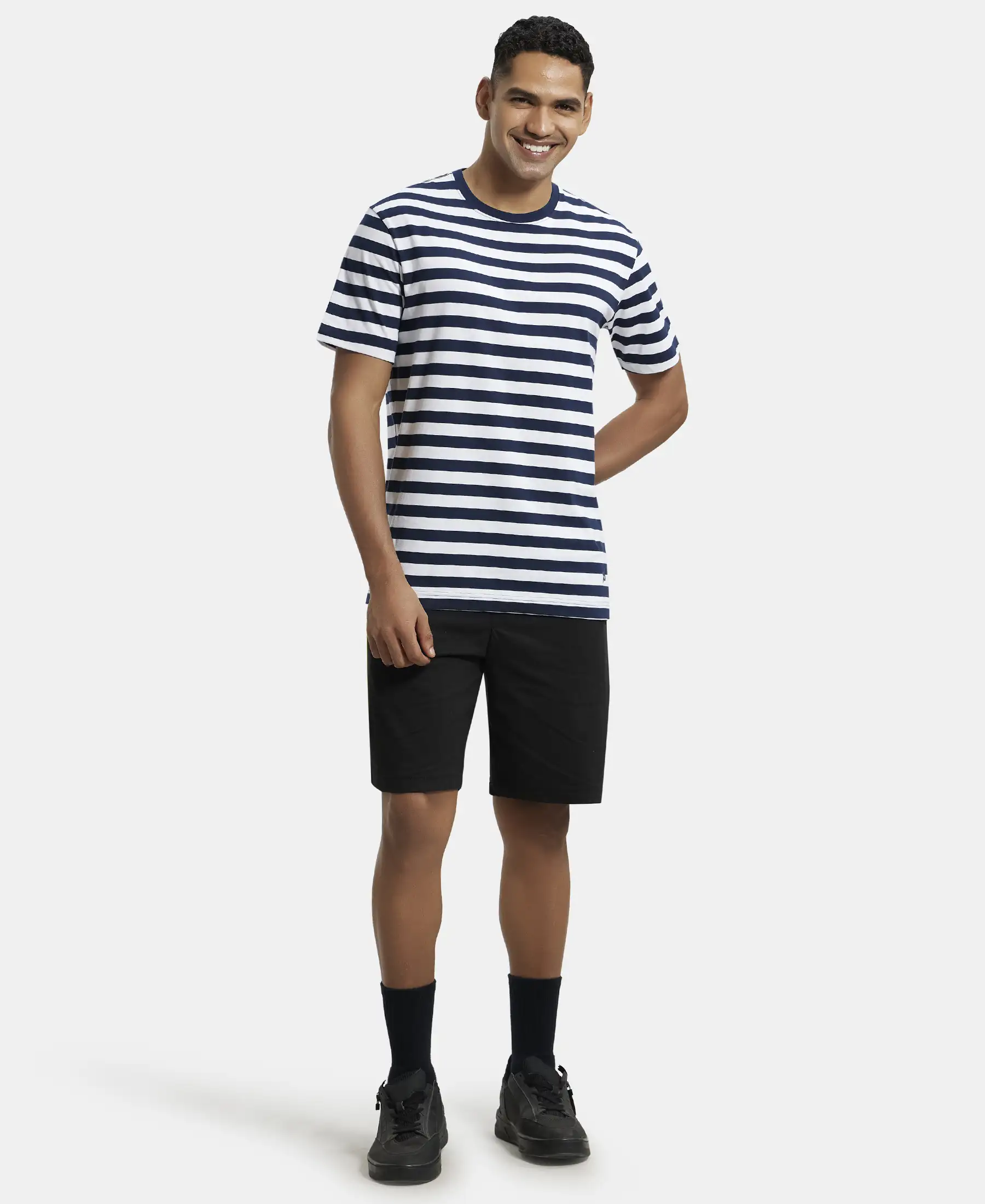 Super Combed Cotton Rich Striped Round Neck Half Sleeve T-Shirt - White & Navy - Image 4
