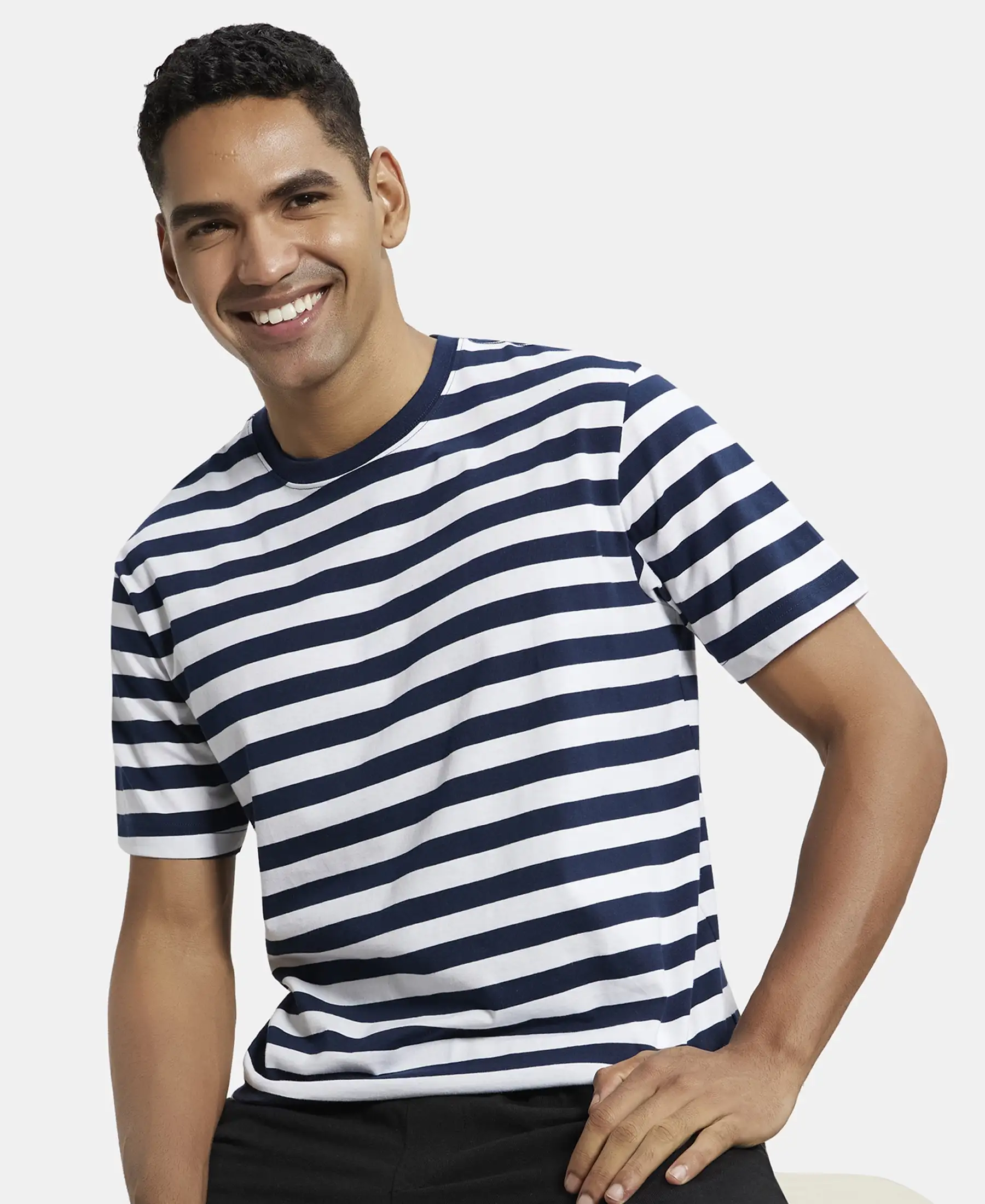 Super Combed Cotton Rich Striped Round Neck Half Sleeve T-Shirt - White & Navy - Image 5