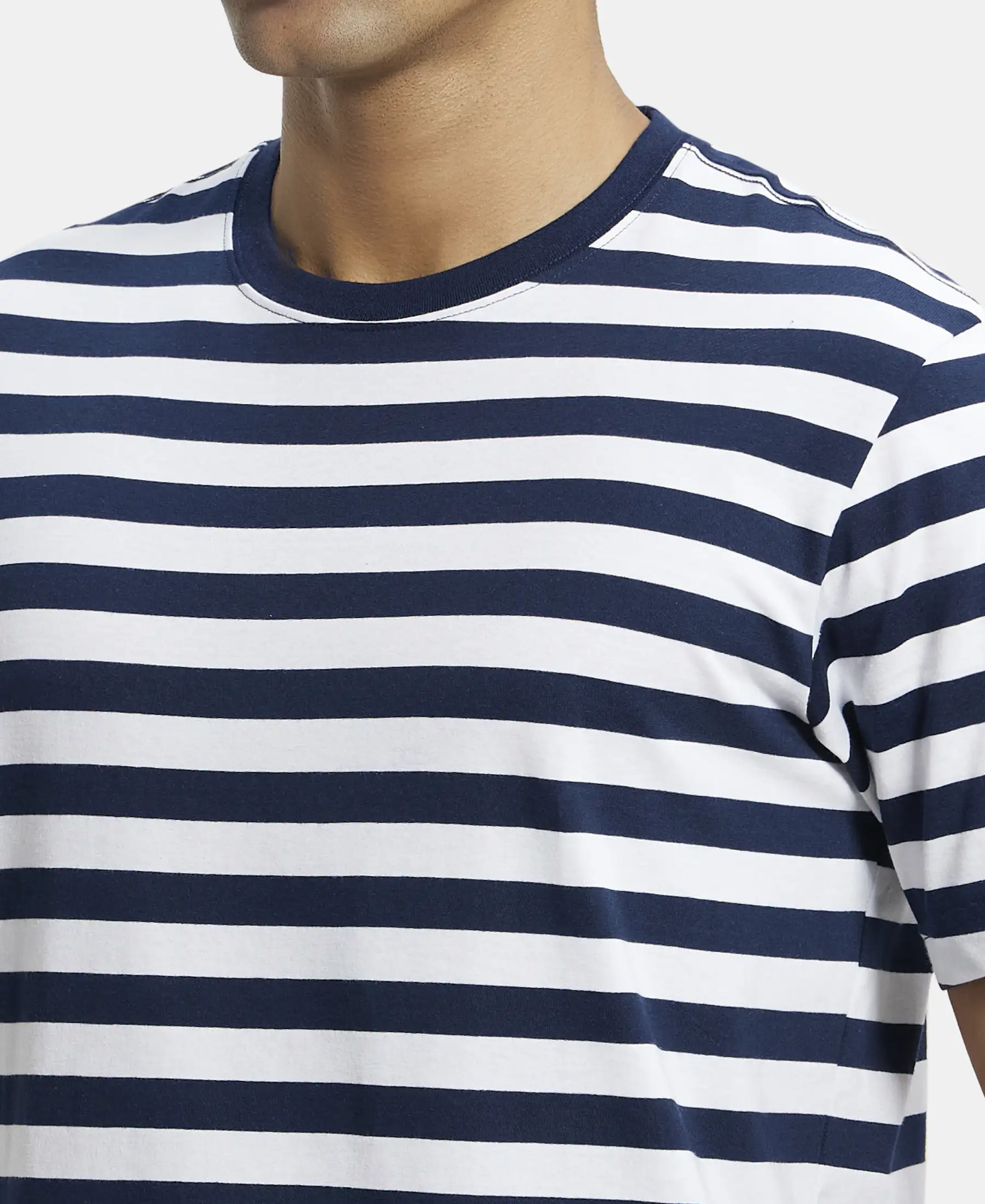 Super Combed Cotton Rich Striped Round Neck Half Sleeve T-Shirt - White & Navy - Image 6