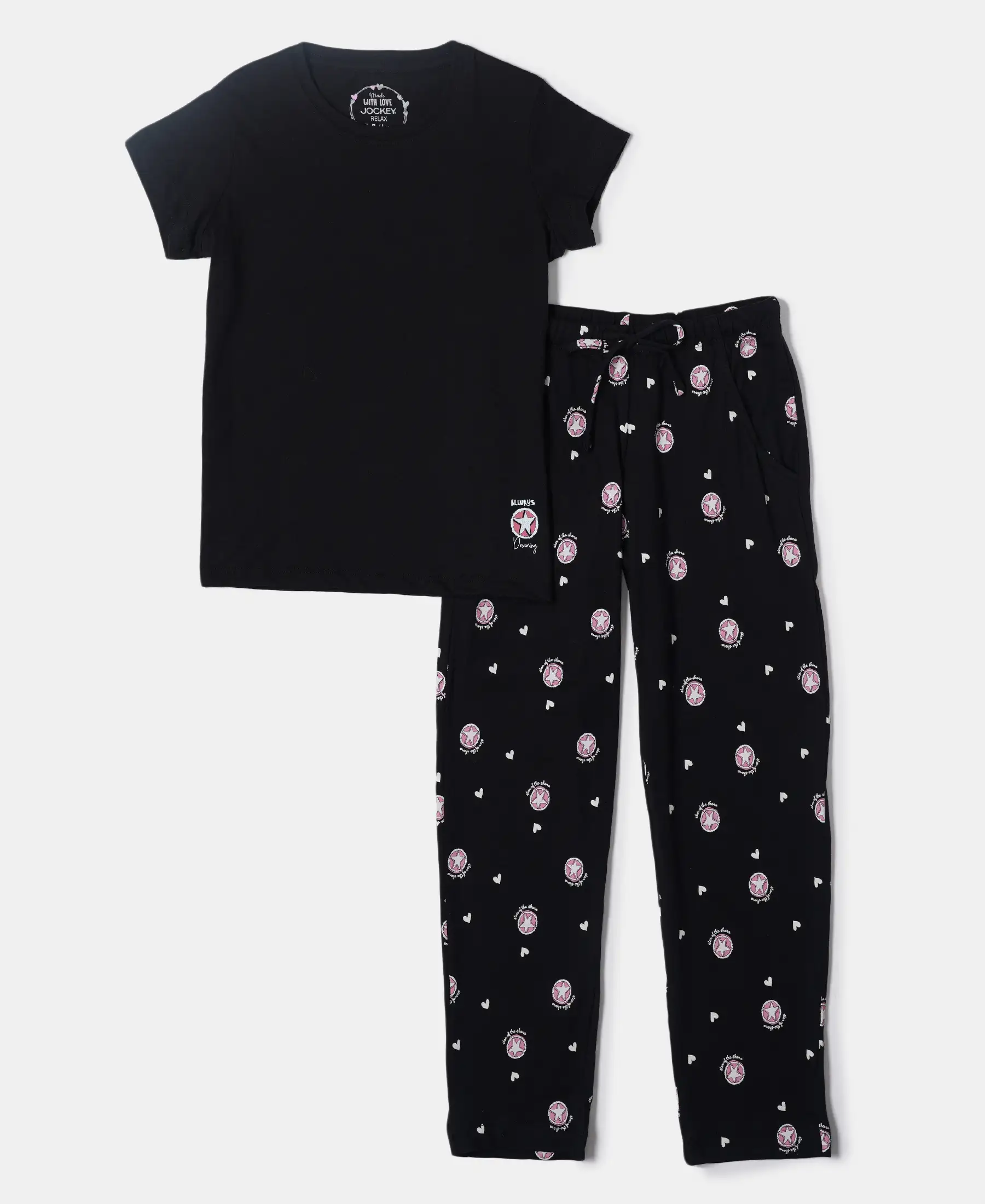 Girl's Super Combed Cotton Short Sleeve T-Shirt and Printed Pyjama Set - Black - Image 4