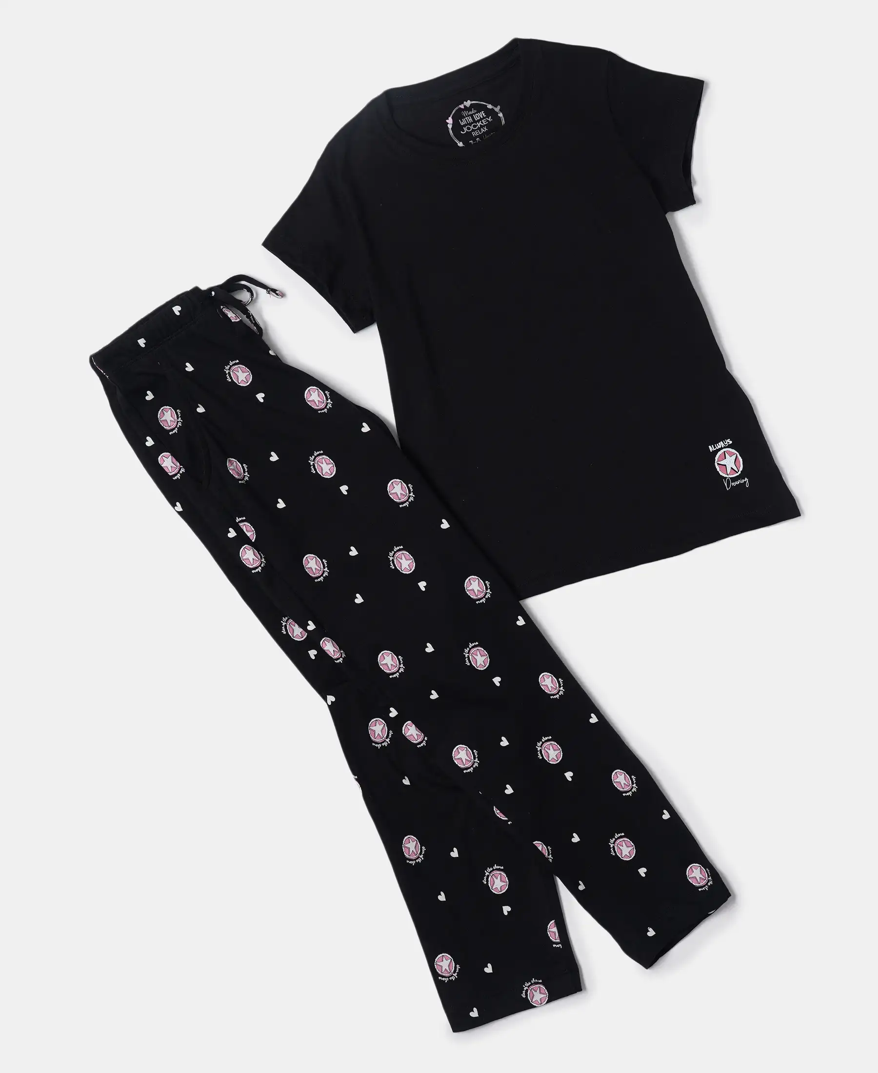 Girl's Super Combed Cotton Short Sleeve T-Shirt and Printed Pyjama Set - Black - Image 5