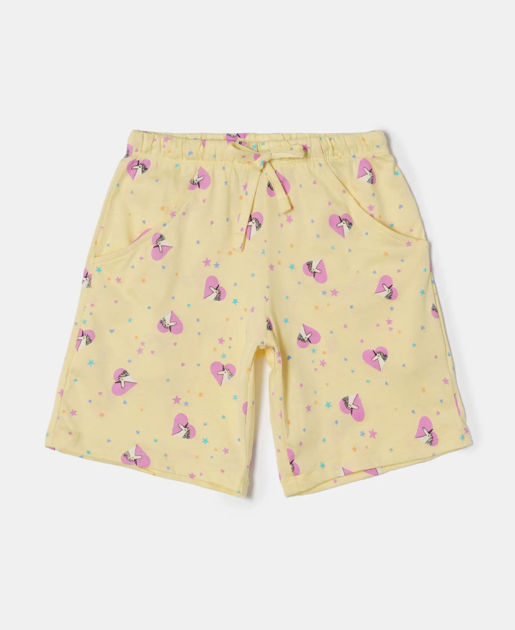 Girl's Super Combed Cotton Short Sleeve T-Shirt and Printed Shorts Set - Pale Banana - Image 3