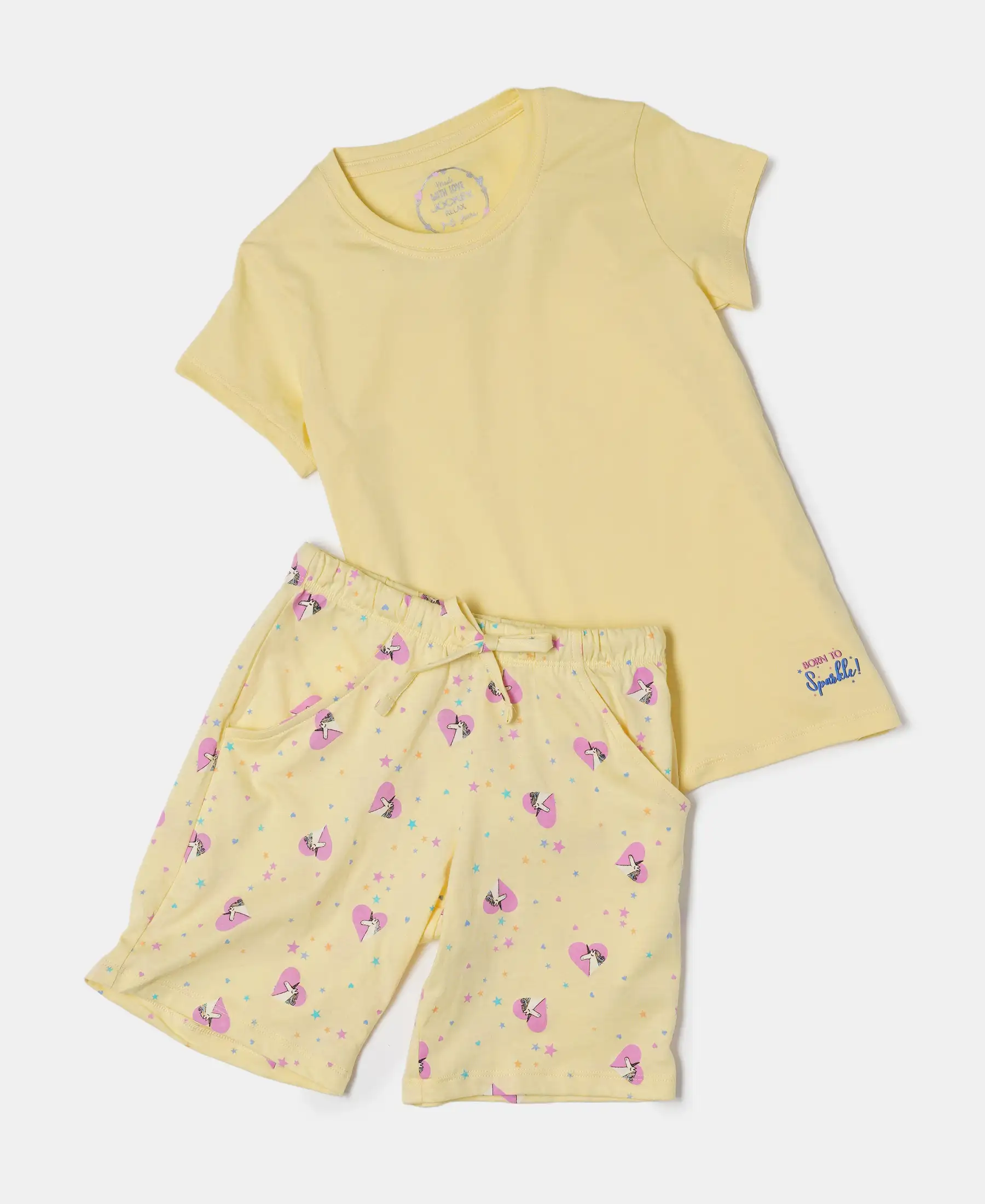 Girl's Super Combed Cotton Short Sleeve T-Shirt and Printed Shorts Set - Pale Banana - Image 5