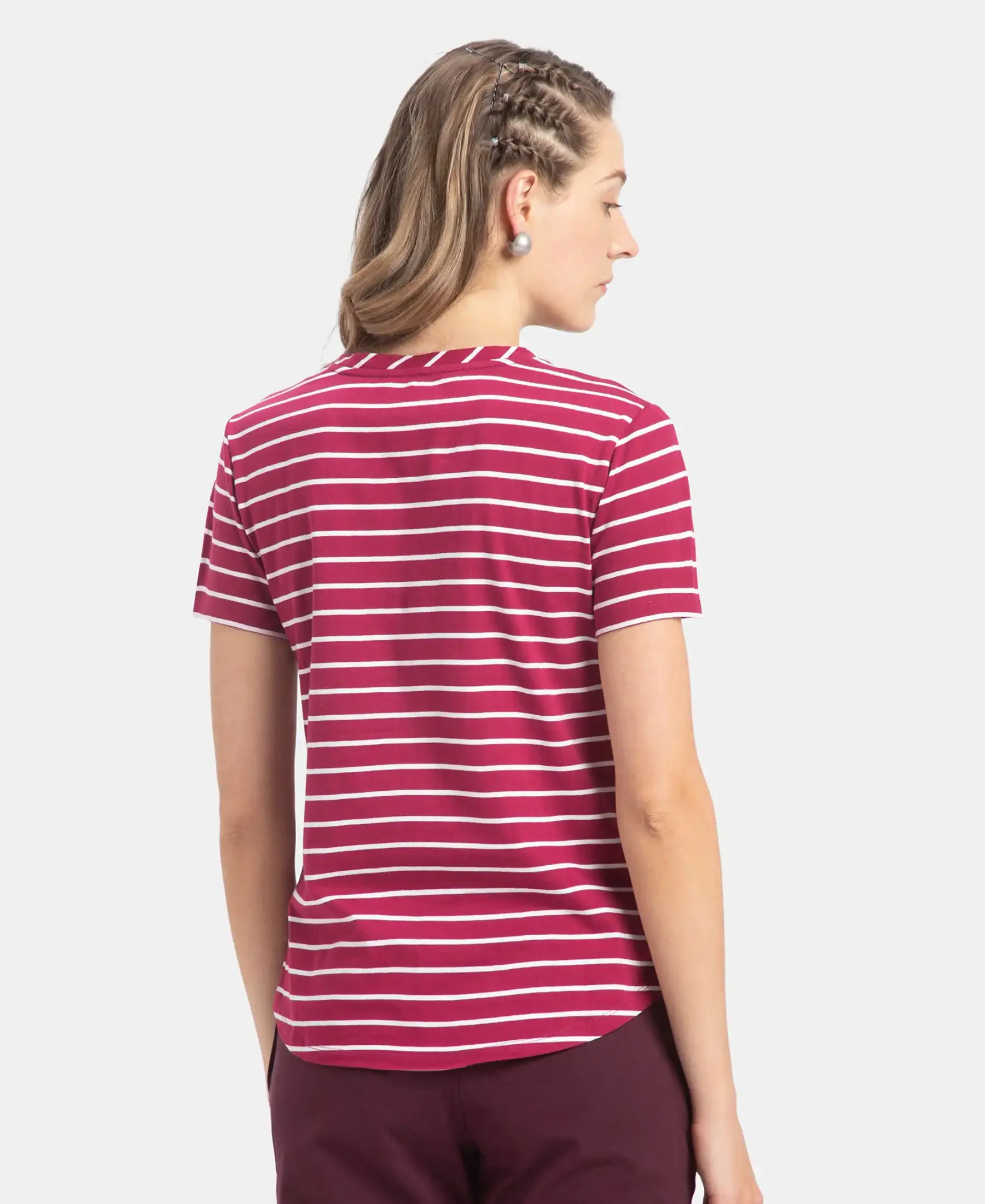 Super Combed Cotton Stripe Fabric Relaxed Fit Round Neck Half Sleeve T-Shirt with Curved Hem Styling - Red Plum - Image 3