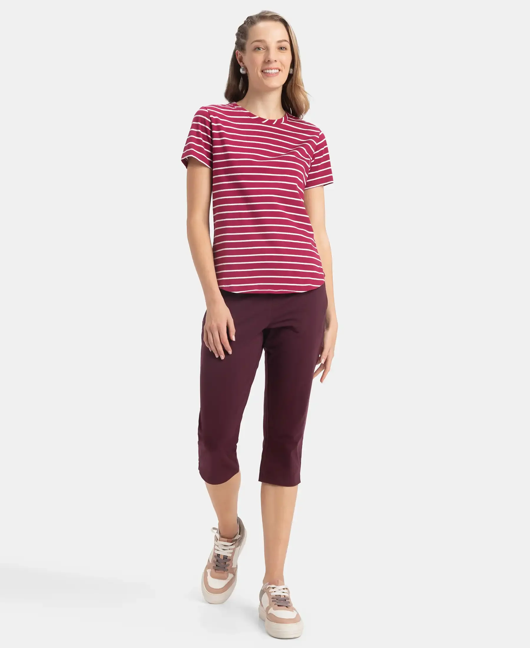 Super Combed Cotton Stripe Fabric Relaxed Fit Round Neck Half Sleeve T-Shirt with Curved Hem Styling - Red Plum - Image 4