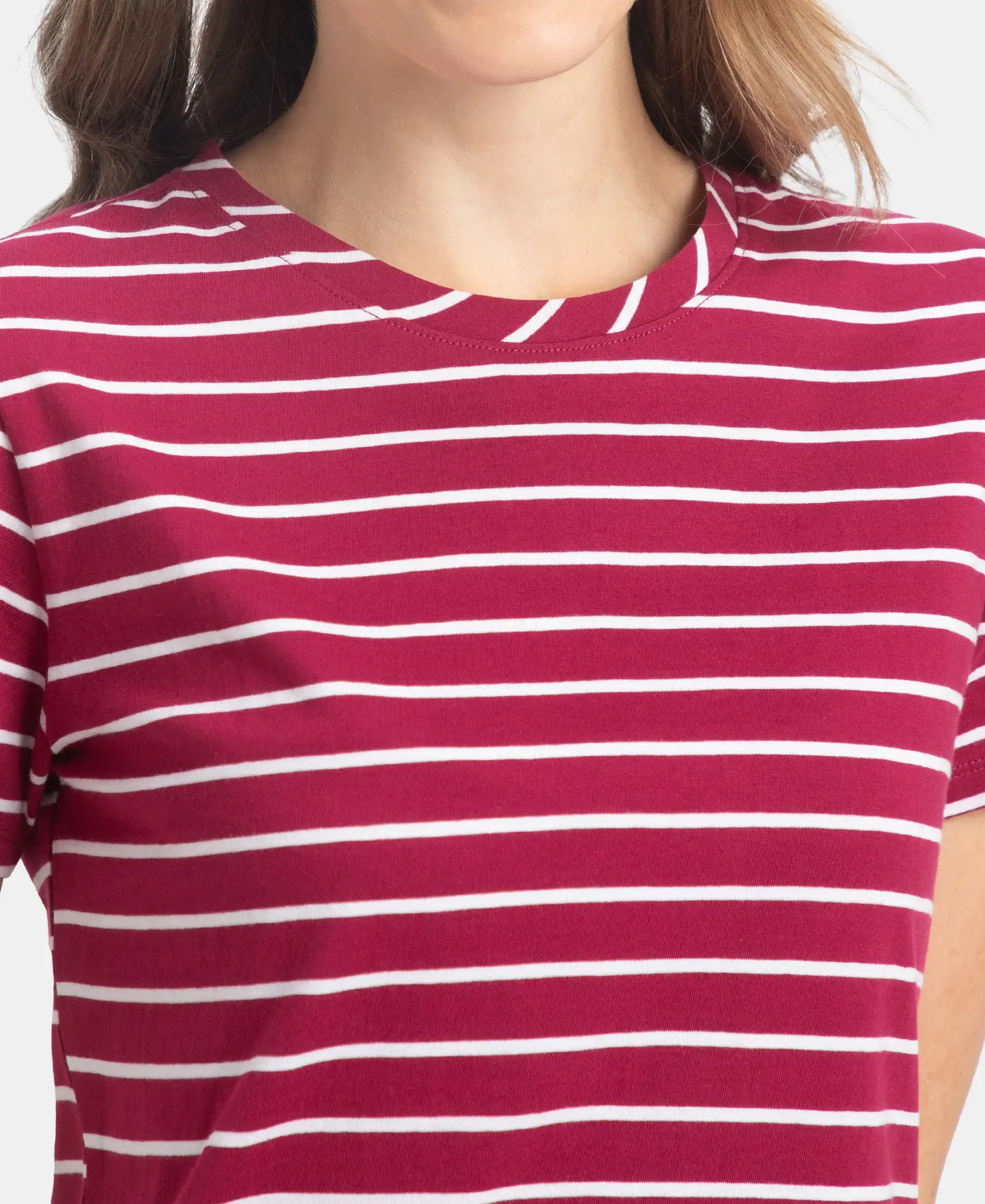 Super Combed Cotton Stripe Fabric Relaxed Fit Round Neck Half Sleeve T-Shirt with Curved Hem Styling - Red Plum - Image 7