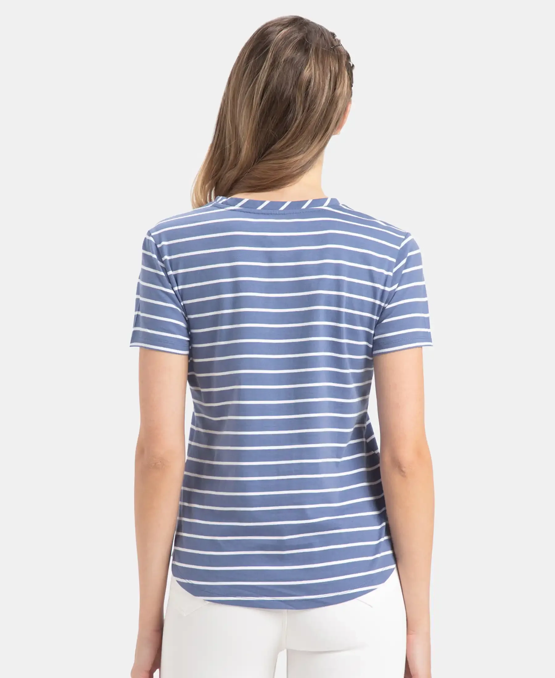 Super Combed Cotton Stripe Fabric Relaxed Fit Round Neck Half Sleeve T-Shirt with Curved Hem Styling - Topaz Blue - Image 3