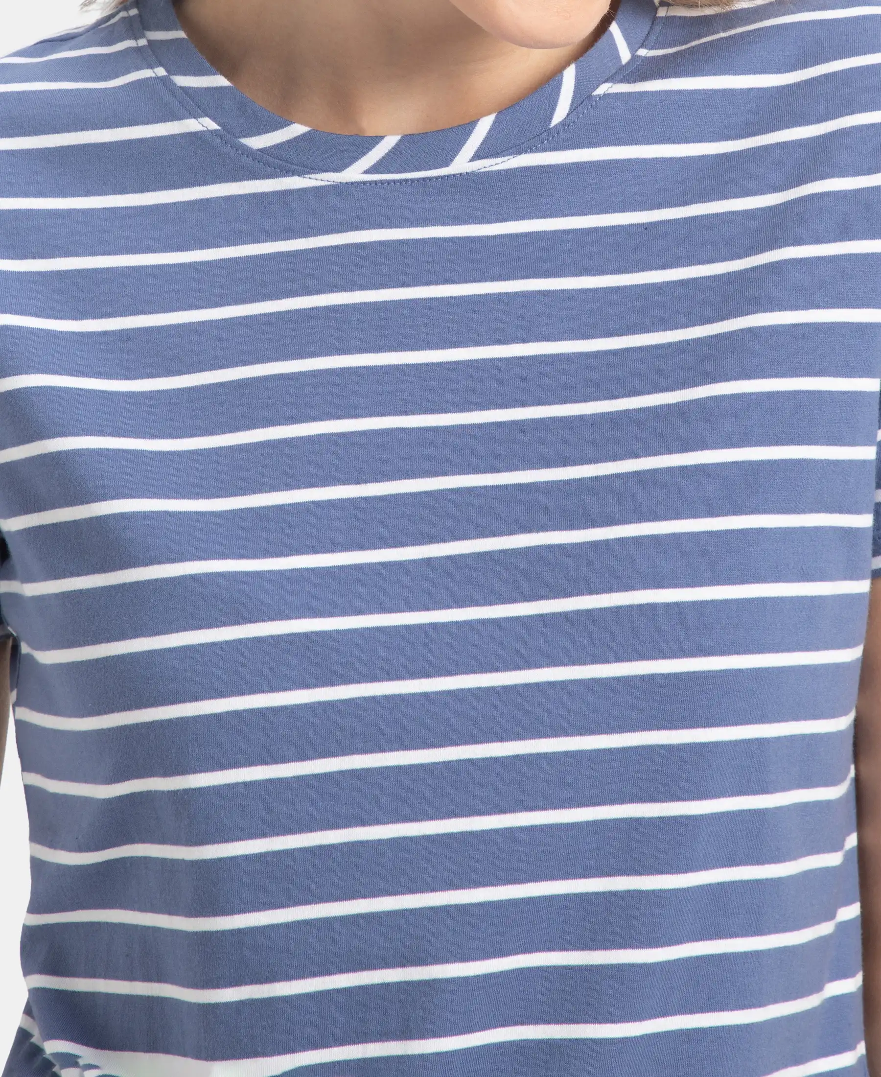 Super Combed Cotton Stripe Fabric Relaxed Fit Round Neck Half Sleeve T-Shirt with Curved Hem Styling - Topaz Blue - Image 7