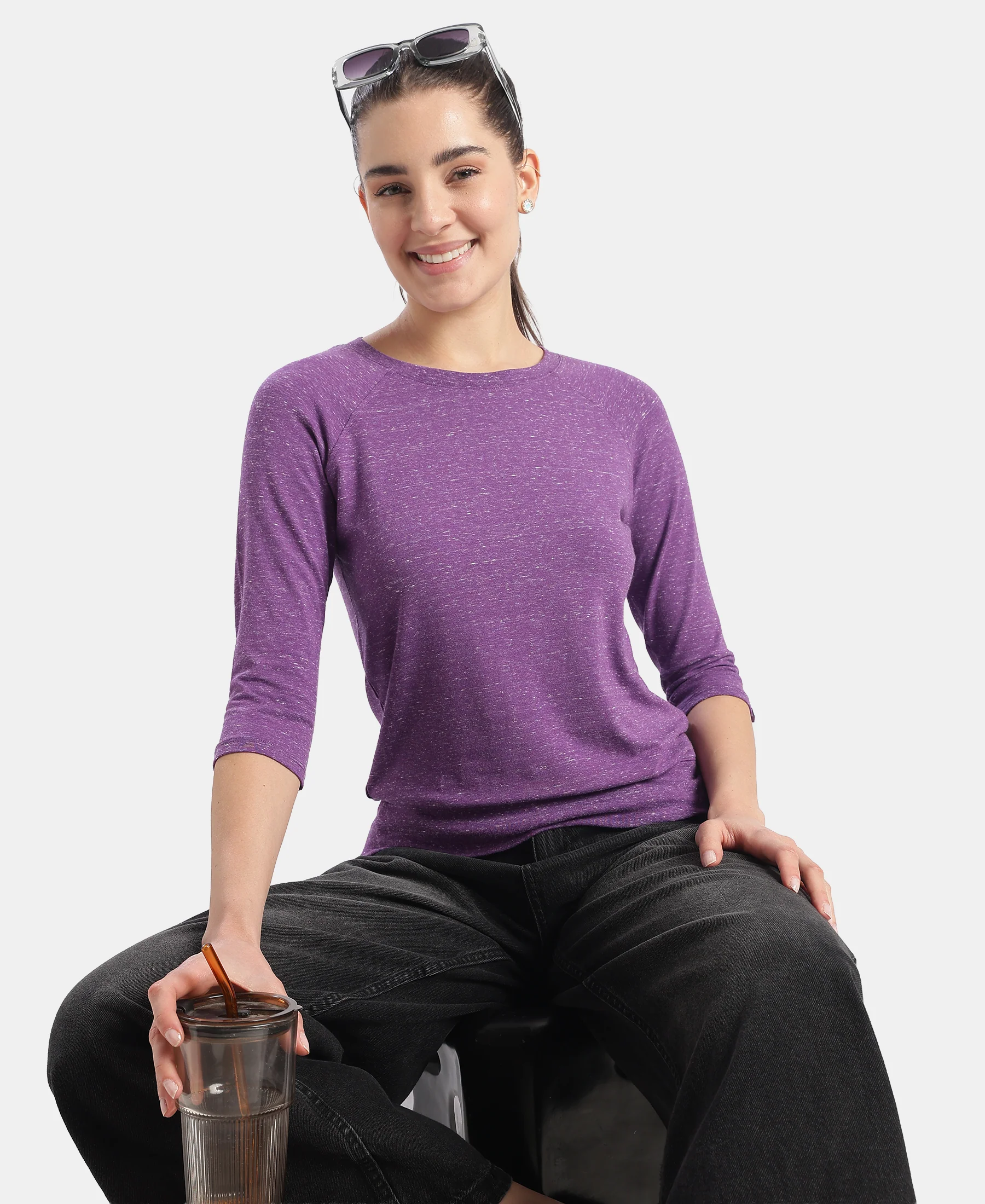 Super Combed Cotton Viscose Elastane Stretch Regular Fit Solid Round Neck Three Quarter Sleeve T-Shirt - Amaranth Purple Snow Melange - Image 5