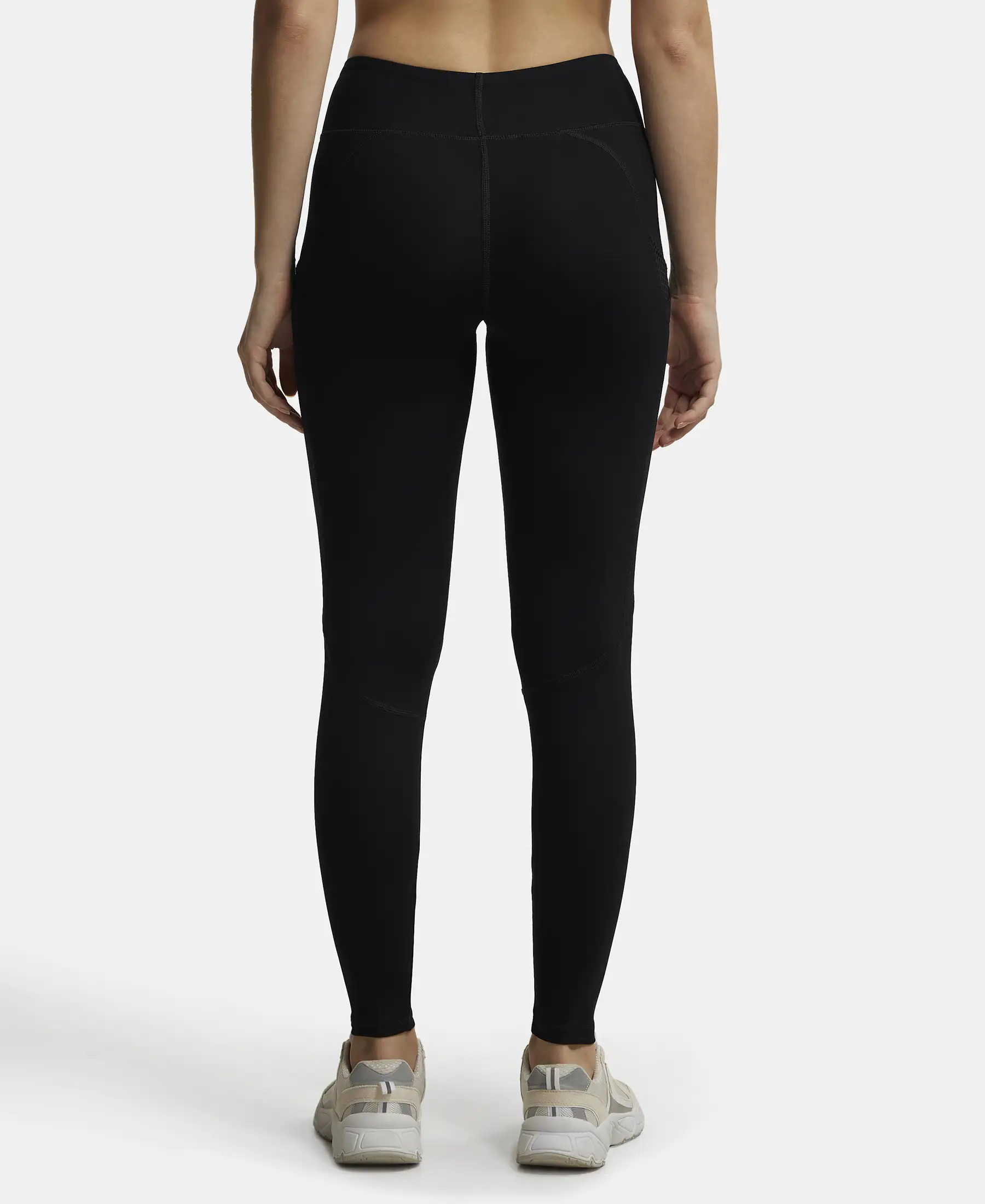 Tactel Microfiber Elastane Stretch Performance Leggings with Broadwaistband & Side Pockets - Black - Image 3