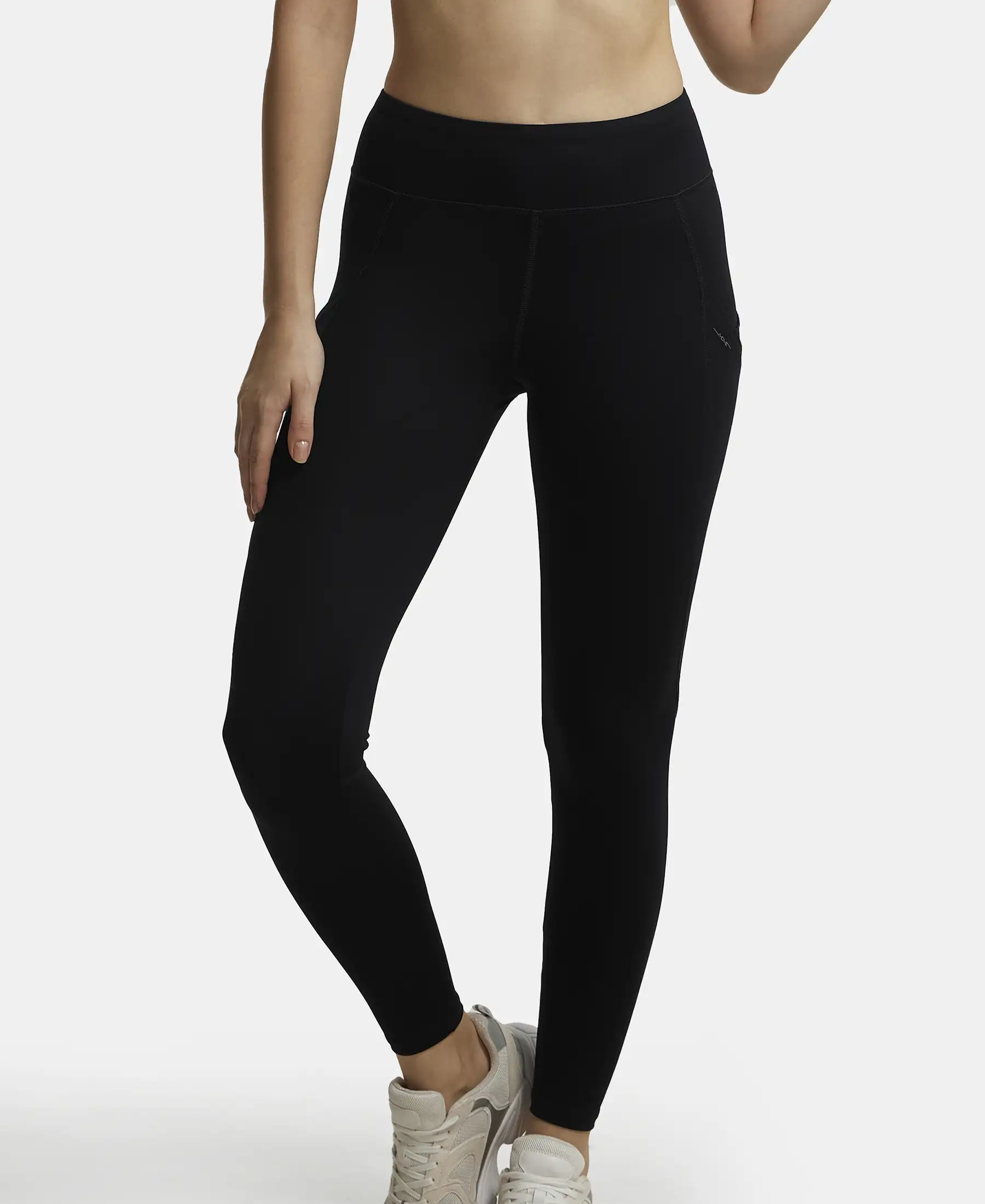 Tactel Microfiber Elastane Stretch Performance Leggings with Broadwaistband & Side Pockets - Black - Image 5