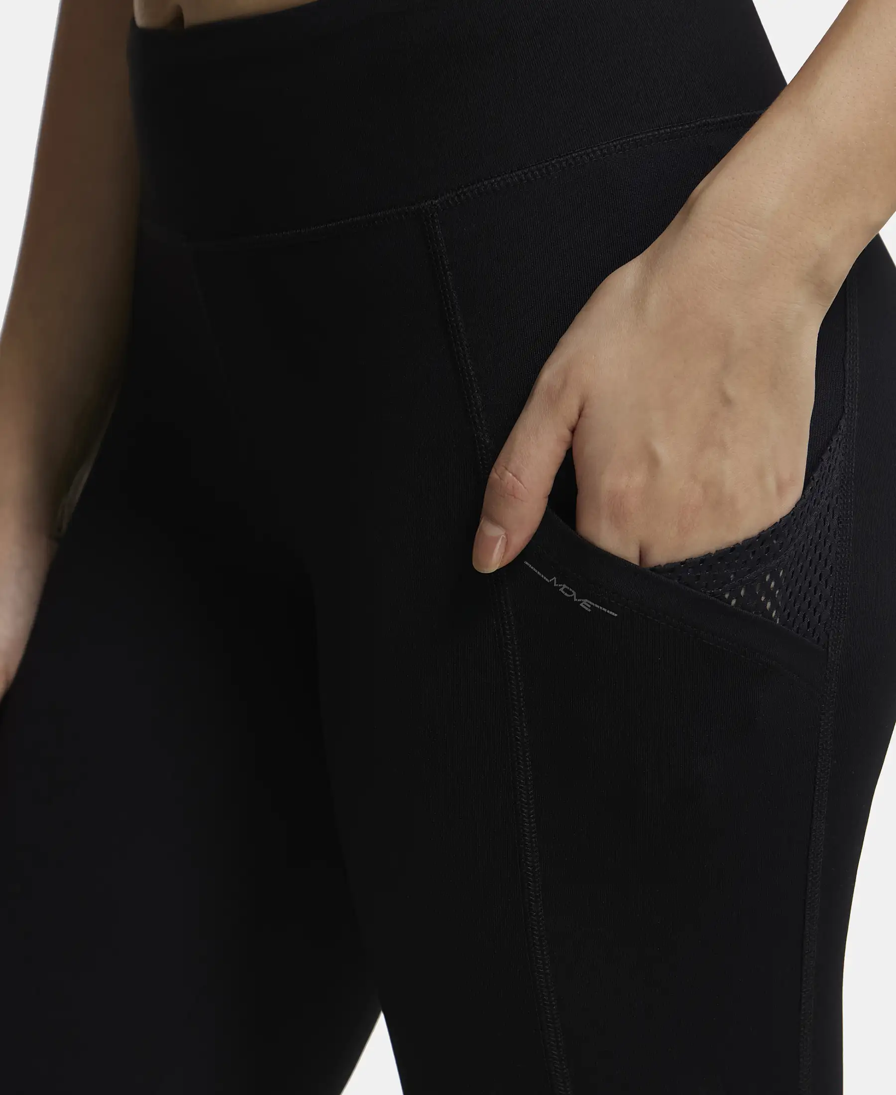 Tactel Microfiber Elastane Stretch Performance Leggings with Broadwaistband & Side Pockets - Black - Image 7