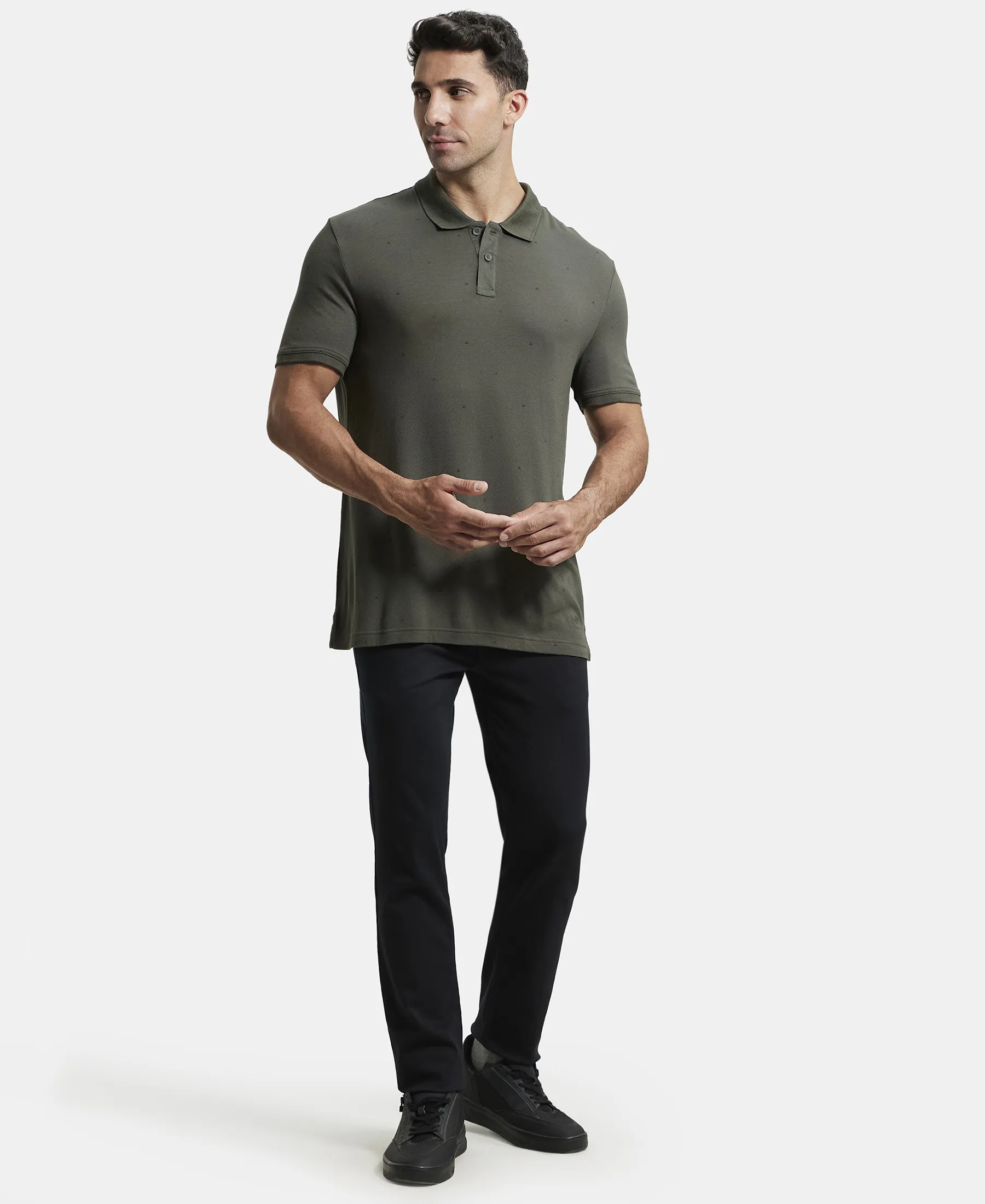 Tencel Micro Modal and Cotton Blend Printed Half Sleeve Polo T-Shirt - Deep Olive - Image 4