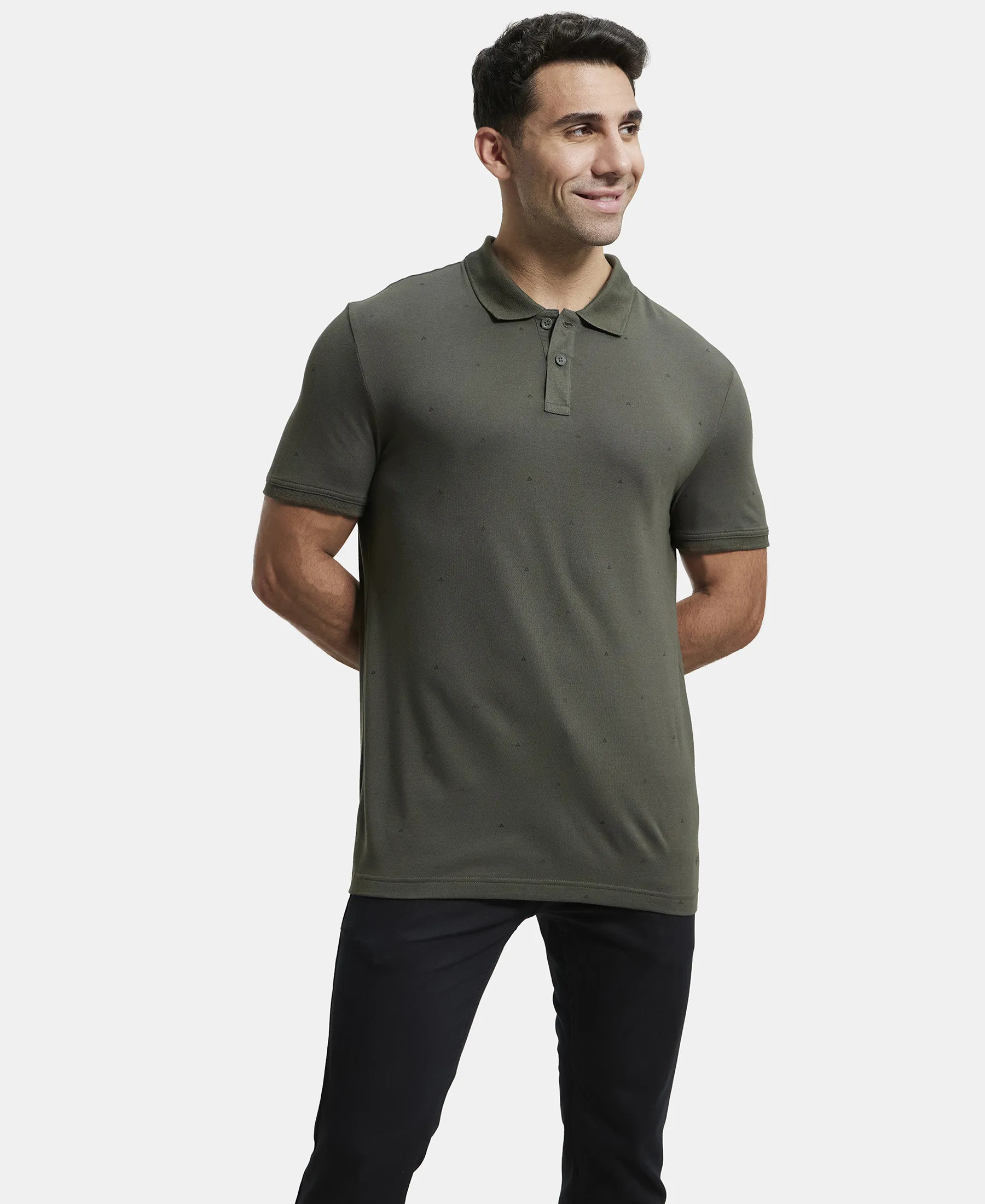 Tencel Micro Modal and Cotton Blend Printed Half Sleeve Polo T-Shirt - Deep Olive - Image 6