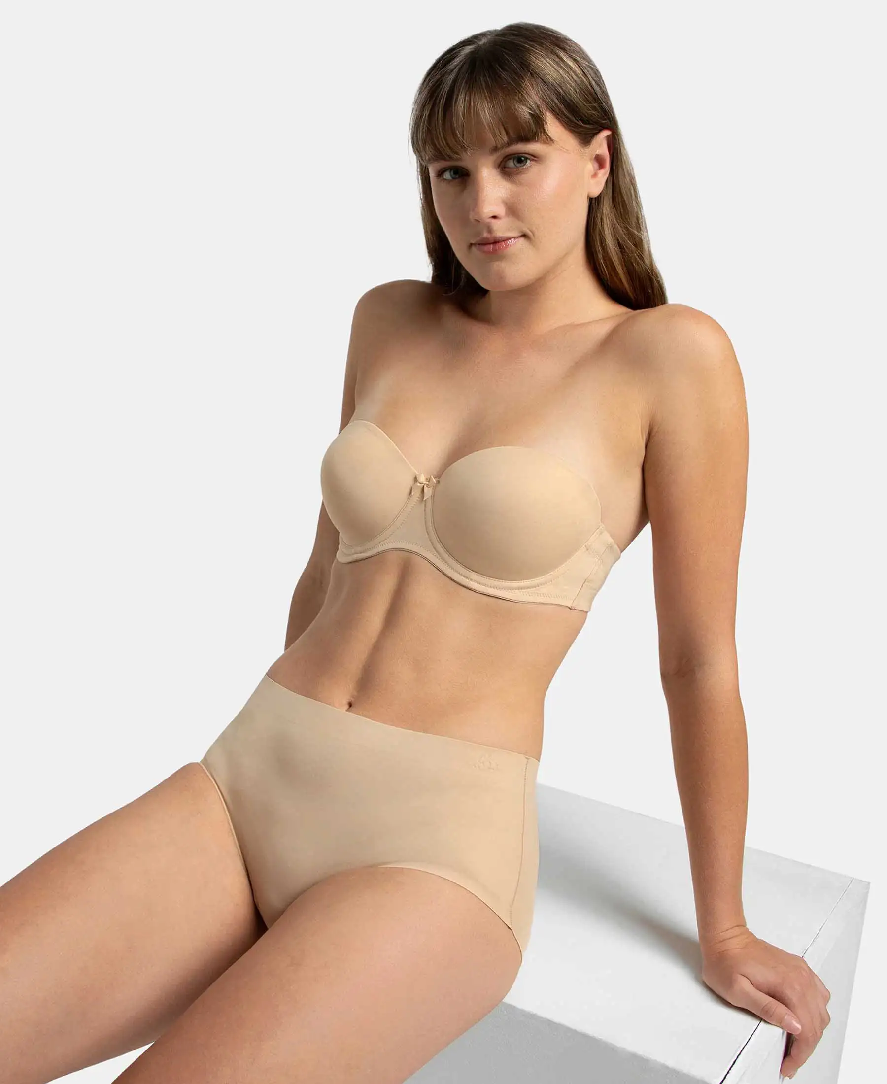 Under-Wired Padded Soft Touch Microfiber Elastane Stretch Full Coverage Strapless Bra with Ultra-Grip Support Band - Light Skin - Image 5