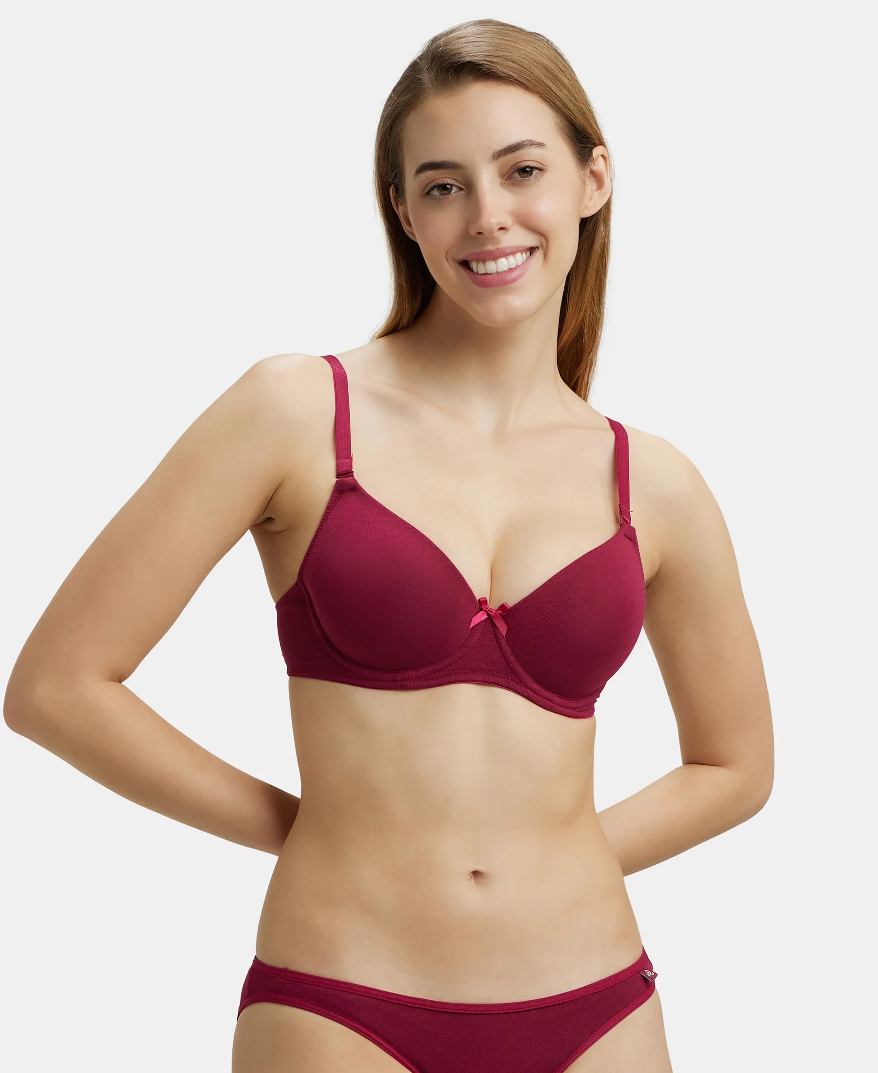 Under-Wired Padded Super Combed Cotton Elastane Stretch Medium Coverage T-Shirt Bra with Detachable Straps - Beet Red - Image 5